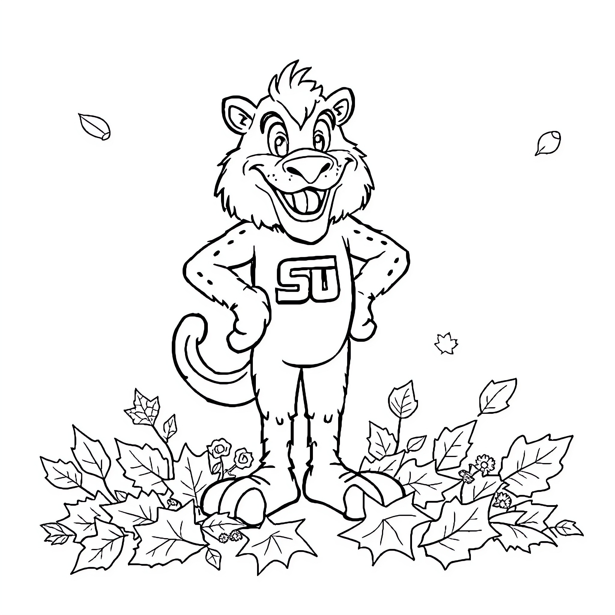 OSU Mascot Cheerfully Surrounded by Autumn Leaves Coloring Page (free black-and-white line drawing printable PDF for all, from beginners to advanced learners, including children, teens, adults, and seniors)
