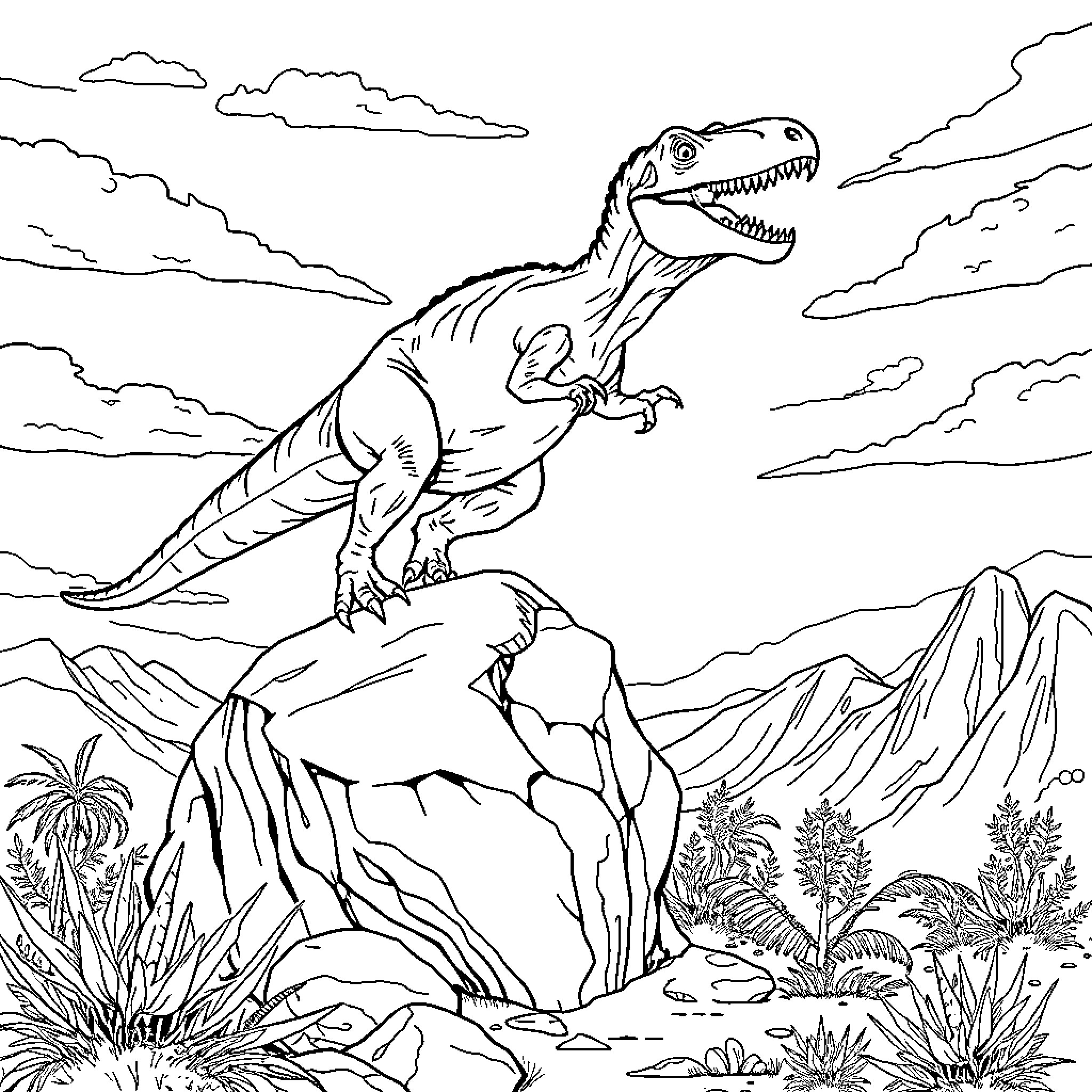 Dinosaur roaming through prehistoric landscape Coloring Page (free black-and-white line drawing printable PDF for all, from beginners to advanced learners, including children, teens, adults, and seniors)