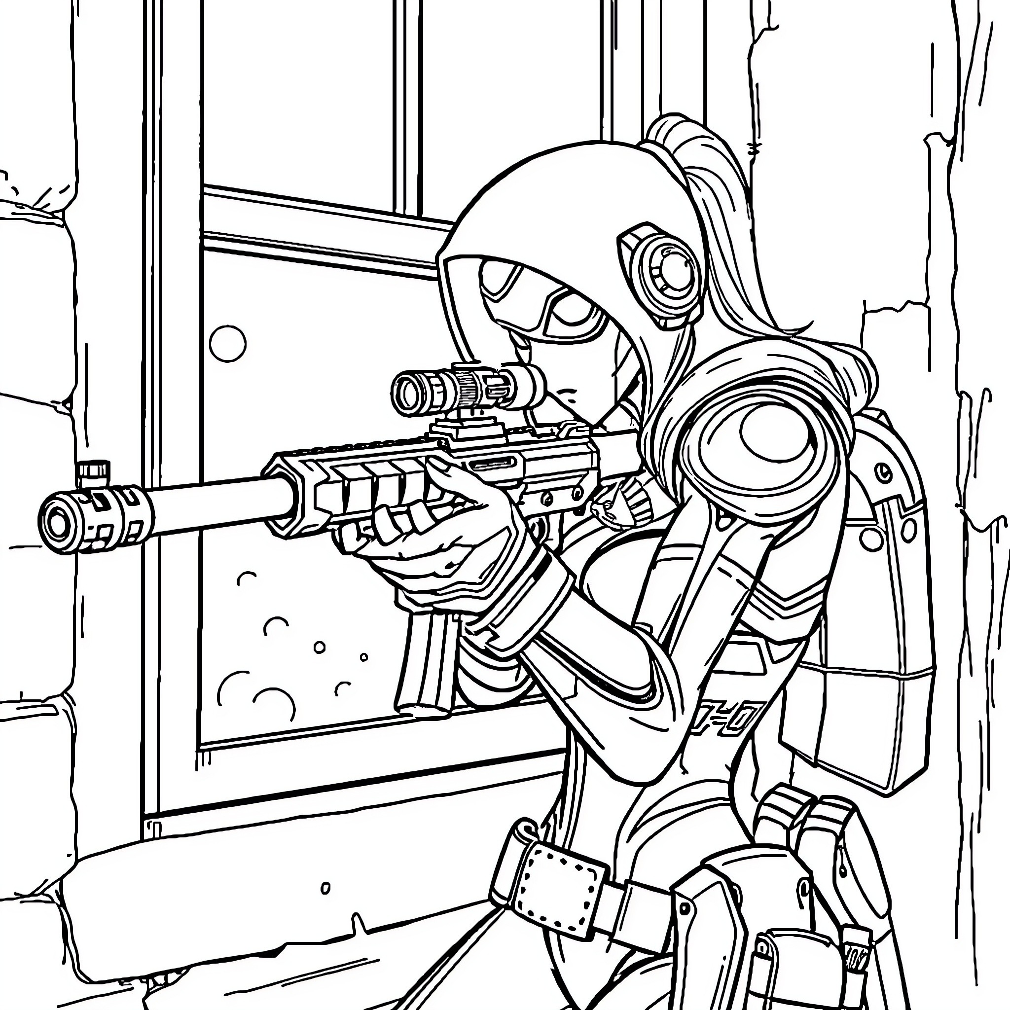 Windowmaker Soldier in Combat Gear Wielding Rifle Coloring Page (free black-and-white line drawing printable PDF for all, from beginners to advanced learners, including children, teens, adults, and seniors)