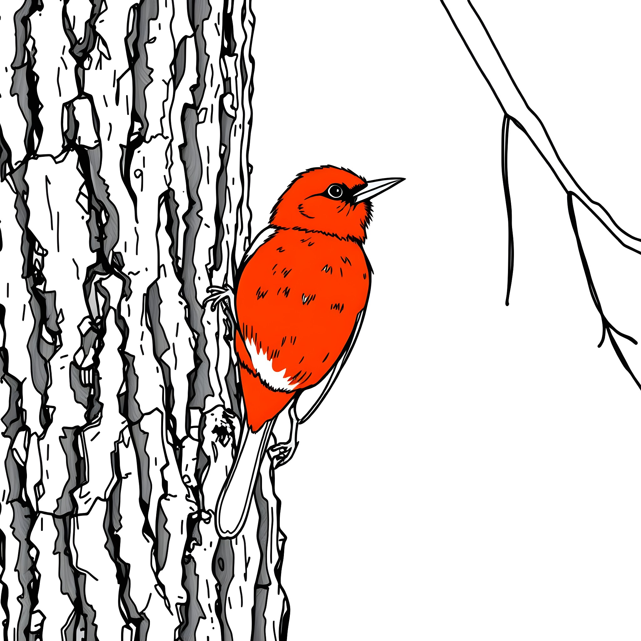 Tanager perched on a textured tree branch Coloring Page (free black-and-white line drawing printable PDF for all, from beginners to advanced learners, including children, teens, adults, and seniors)