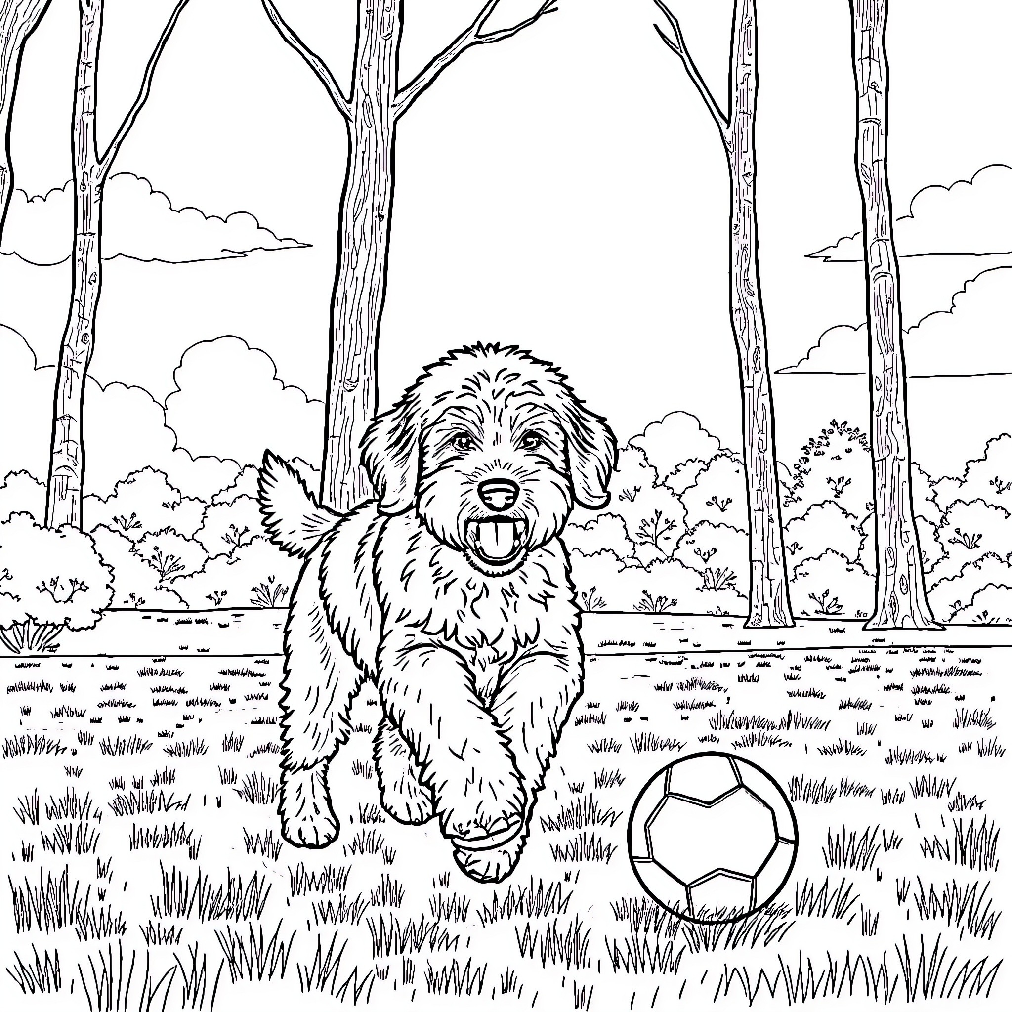 Labradoodle frolicking playfully in forest clearing Coloring Page (free black-and-white line drawing printable PDF for all, from beginners to advanced learners, including children, teens, adults, and seniors)