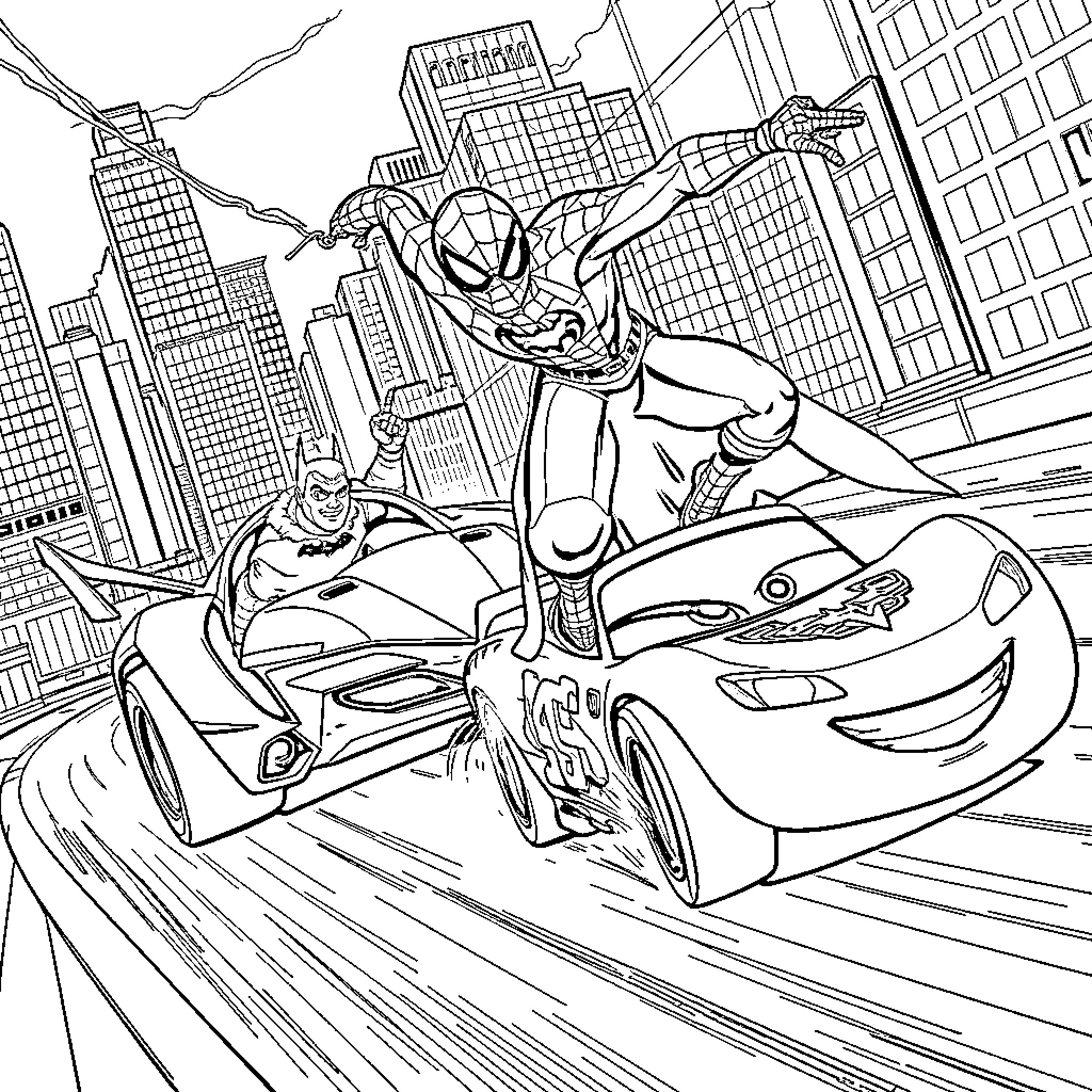 Spiderman chasing a car through the city Coloring Page (free black-and-white line drawing printable PDF for all, from beginners to advanced learners, including children, teens, adults, and seniors)