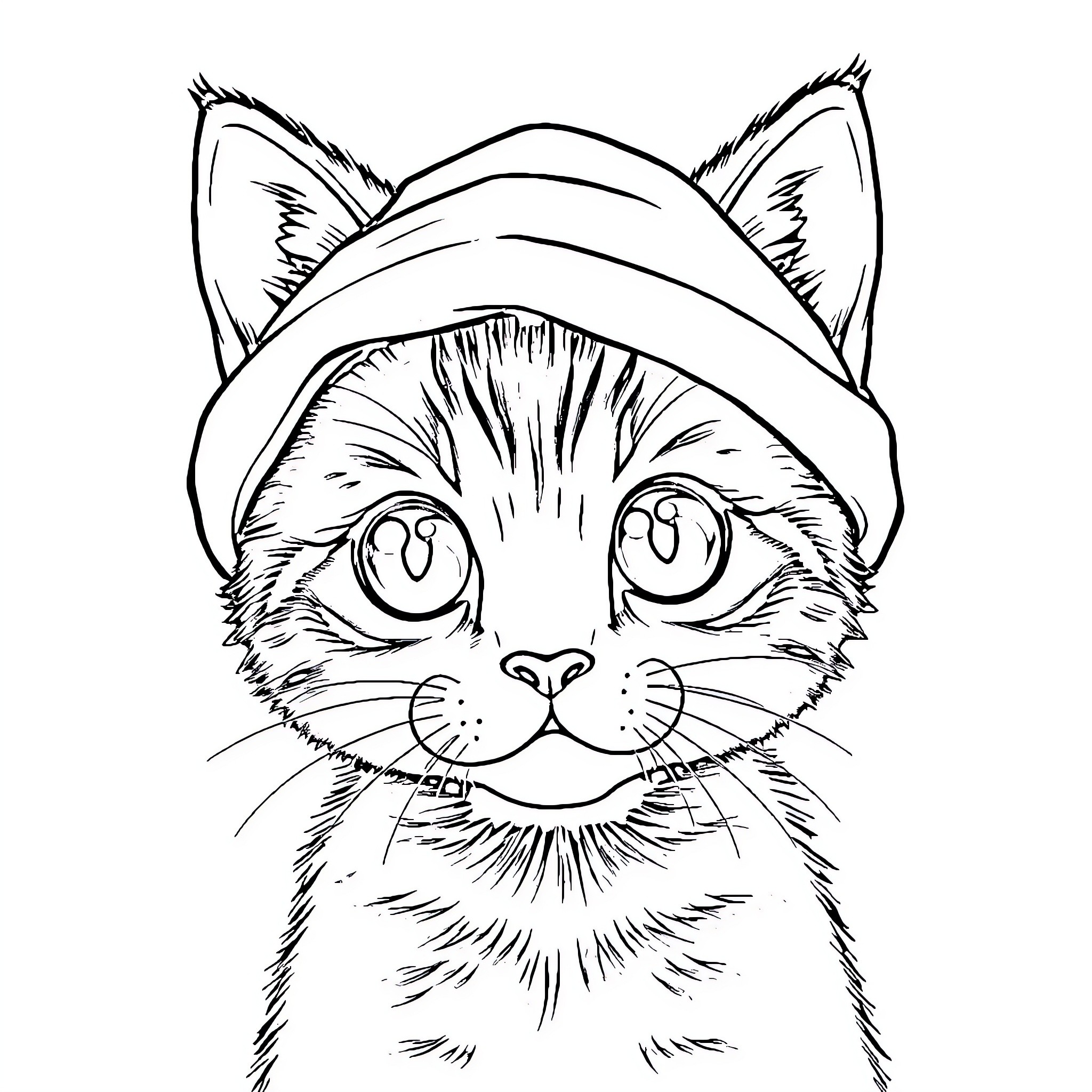 Cat wearing a hat with ears Coloring Page (free black-and-white line drawing printable PDF for all, from beginners to advanced learners, including children, teens, adults, and seniors)