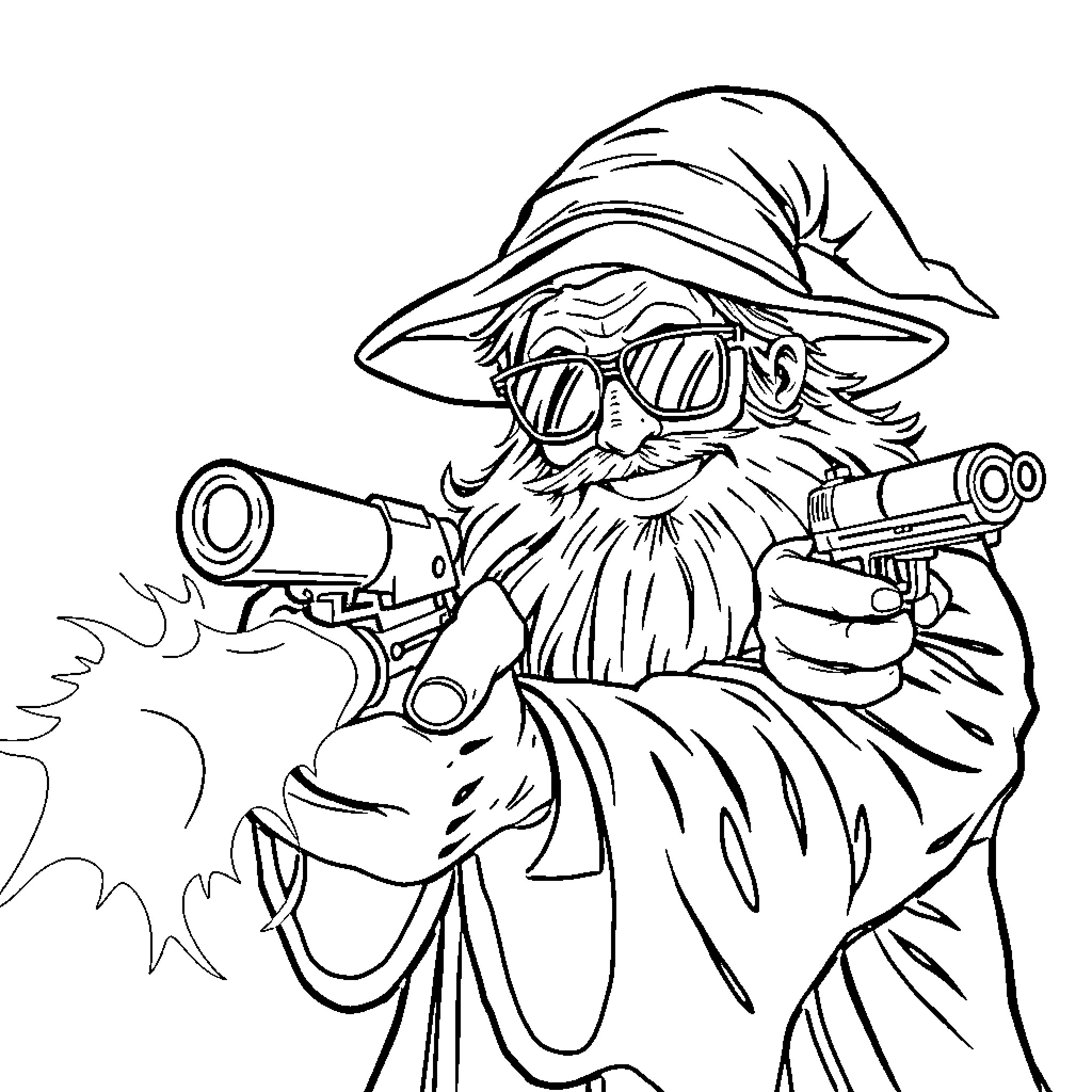 Wizard with Firearm Wielding Powerful Magic Coloring Page (free black-and-white line drawing printable PDF for all, from beginners to advanced learners, including children, teens, adults, and seniors)