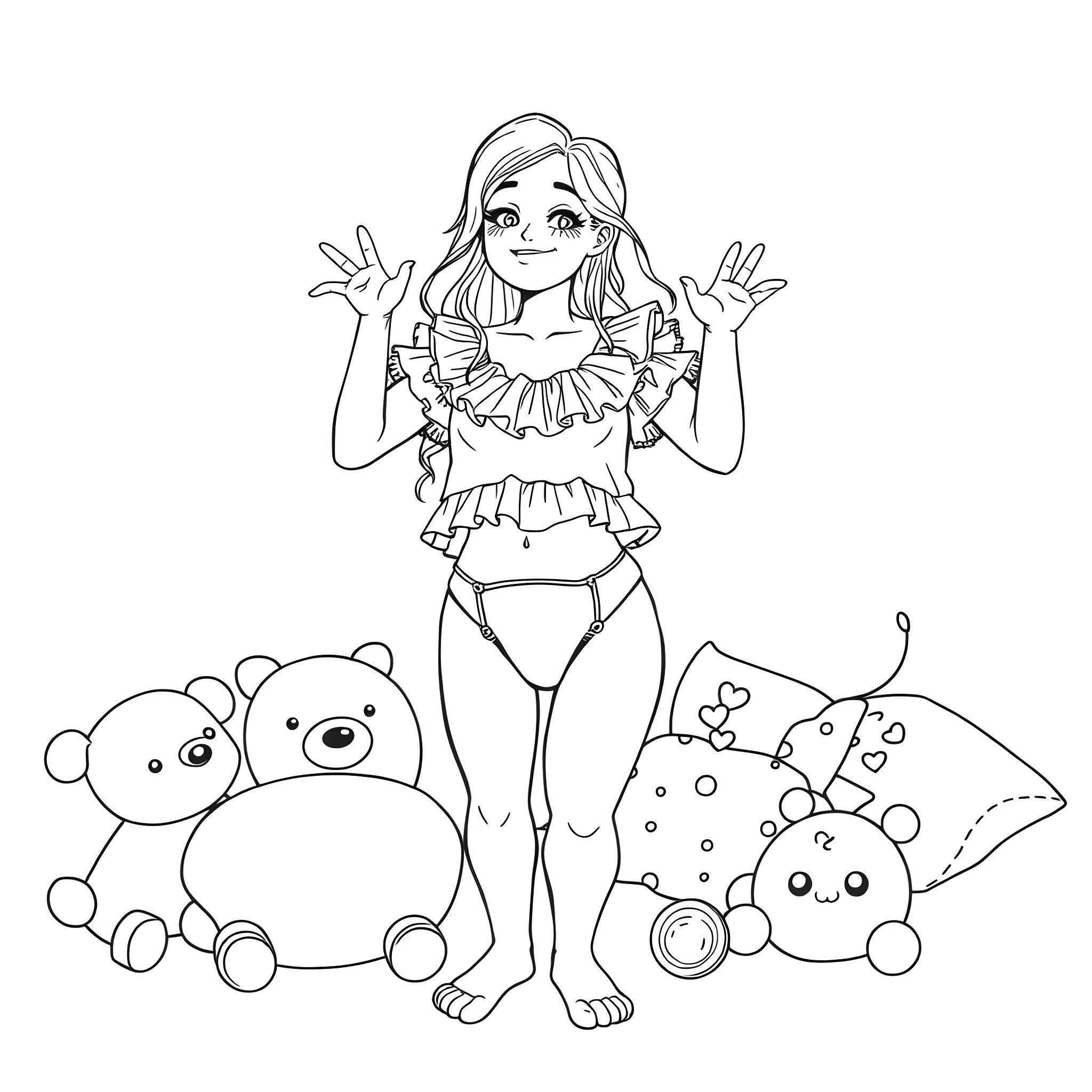 Woman in ruffled dress posing with stuffed animals Coloring Page (free black-and-white line drawing printable PDF for all, from beginners to advanced learners, including children, teens, adults, and seniors)