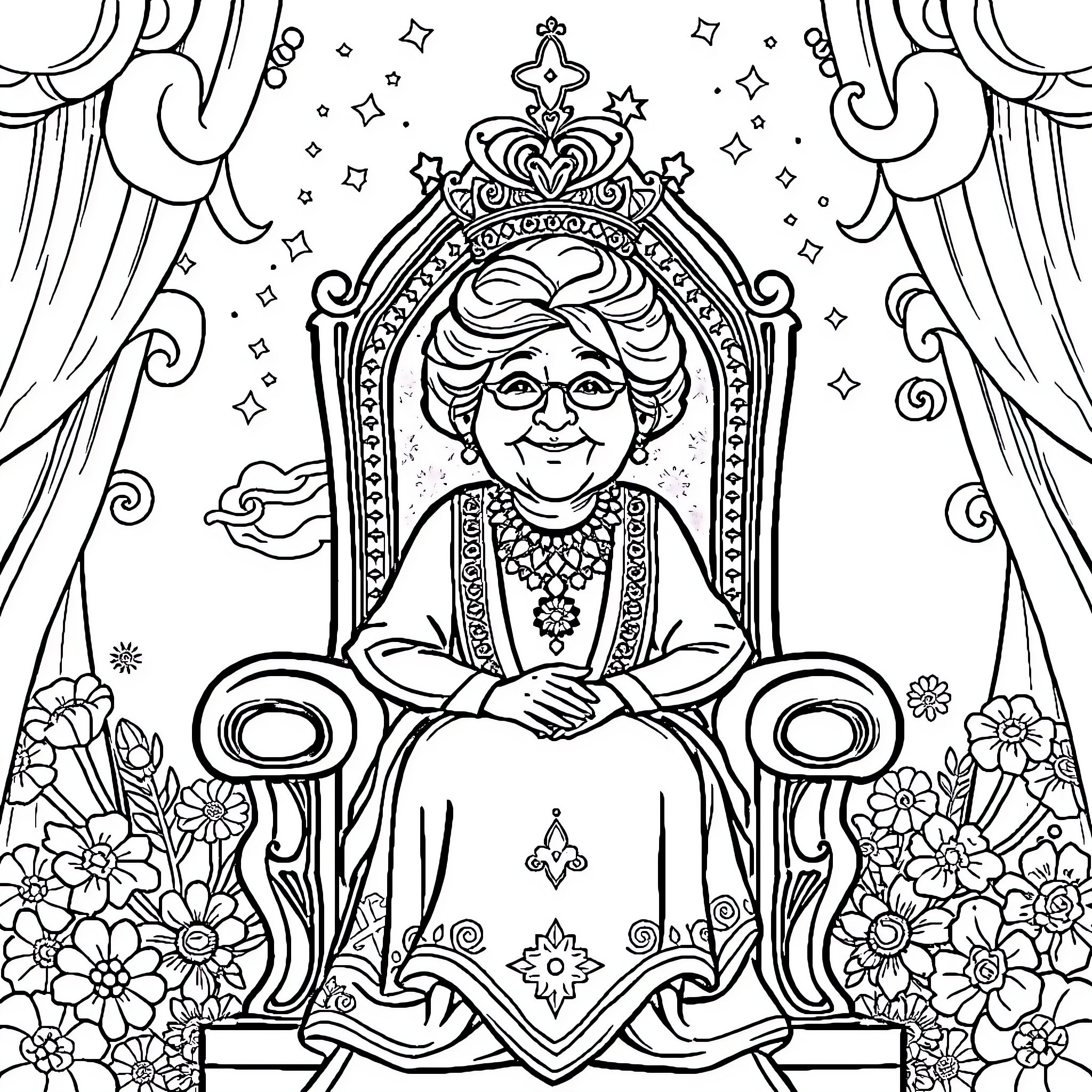 Grandma in a Magical Throne Surrounded by Flowers Coloring Page (free black-and-white line drawing printable PDF for all, from beginners to advanced learners, including children, teens, adults, and seniors)