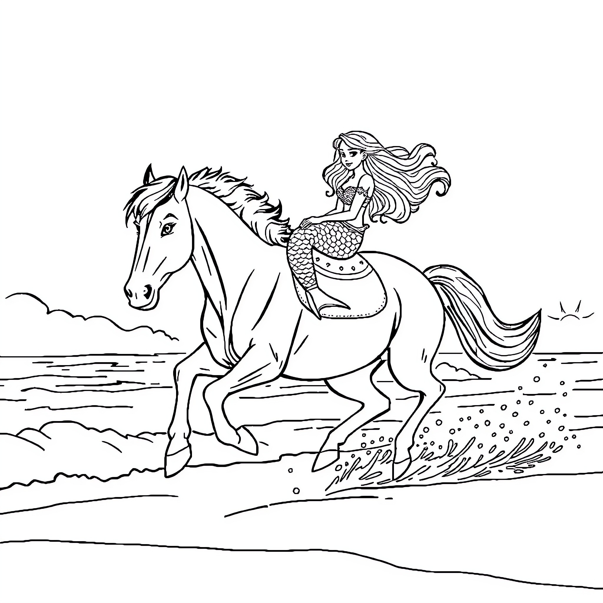 Bronco Mermaid Riding Galloping Horse Along Shore Coloring Page (free black-and-white line drawing printable PDF for all, from beginners to advanced learners, including children, teens, adults, and seniors)