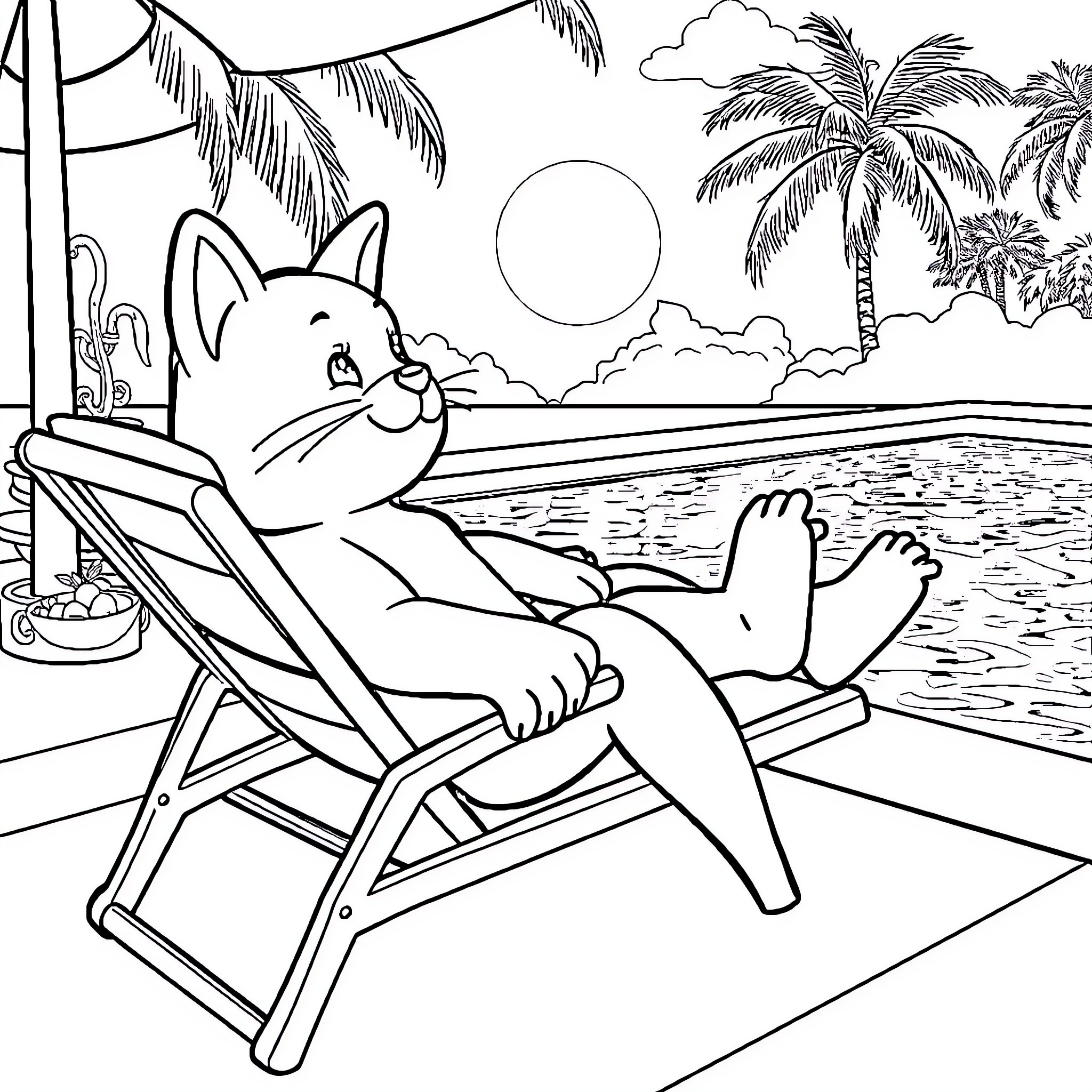 Xiao's Relaxing Beachside Retreat Coloring Page (free black-and-white line drawing printable PDF for all, from beginners to advanced learners, including children, teens, adults, and seniors)