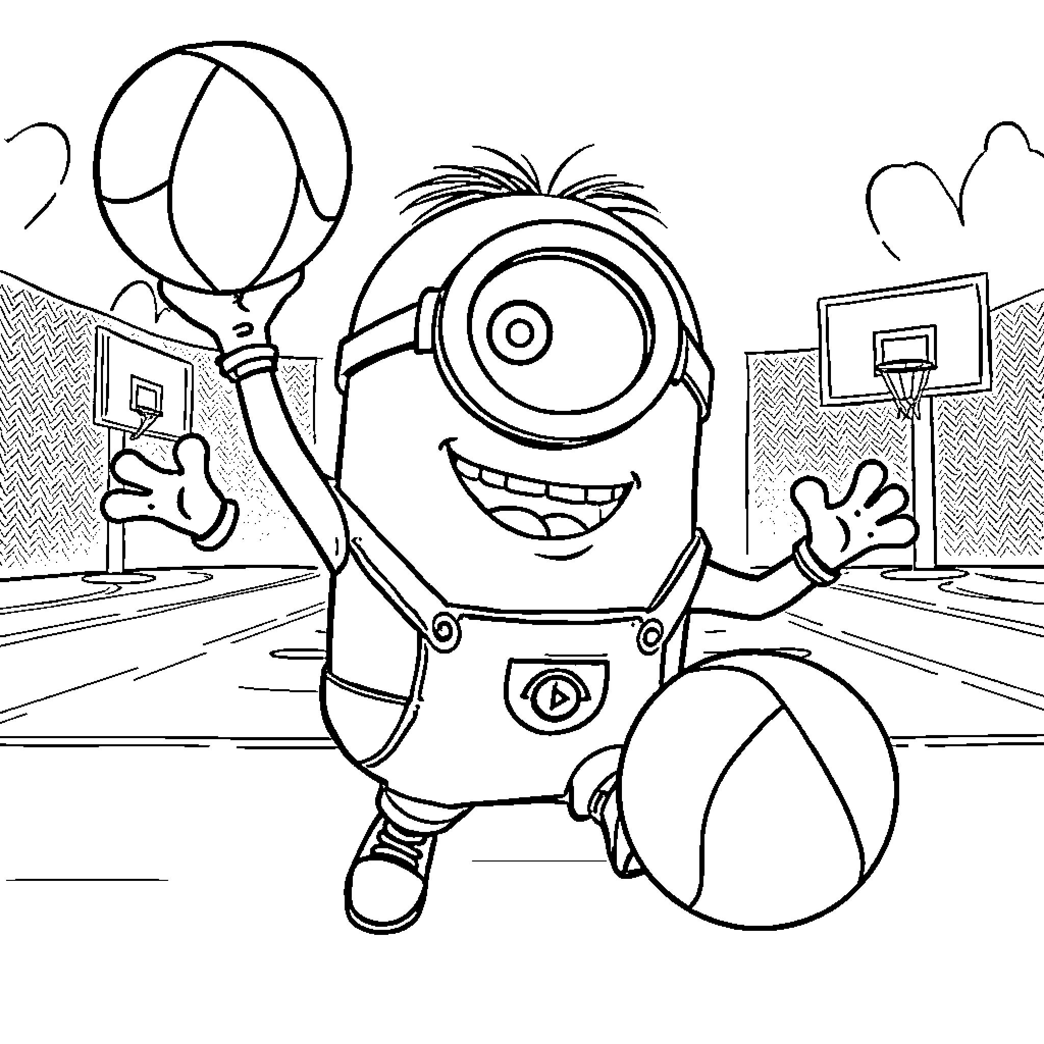 Minion playing with basketball and racket Coloring Page (free black-and-white line drawing printable PDF for all, from beginners to advanced learners, including children, teens, adults, and seniors)