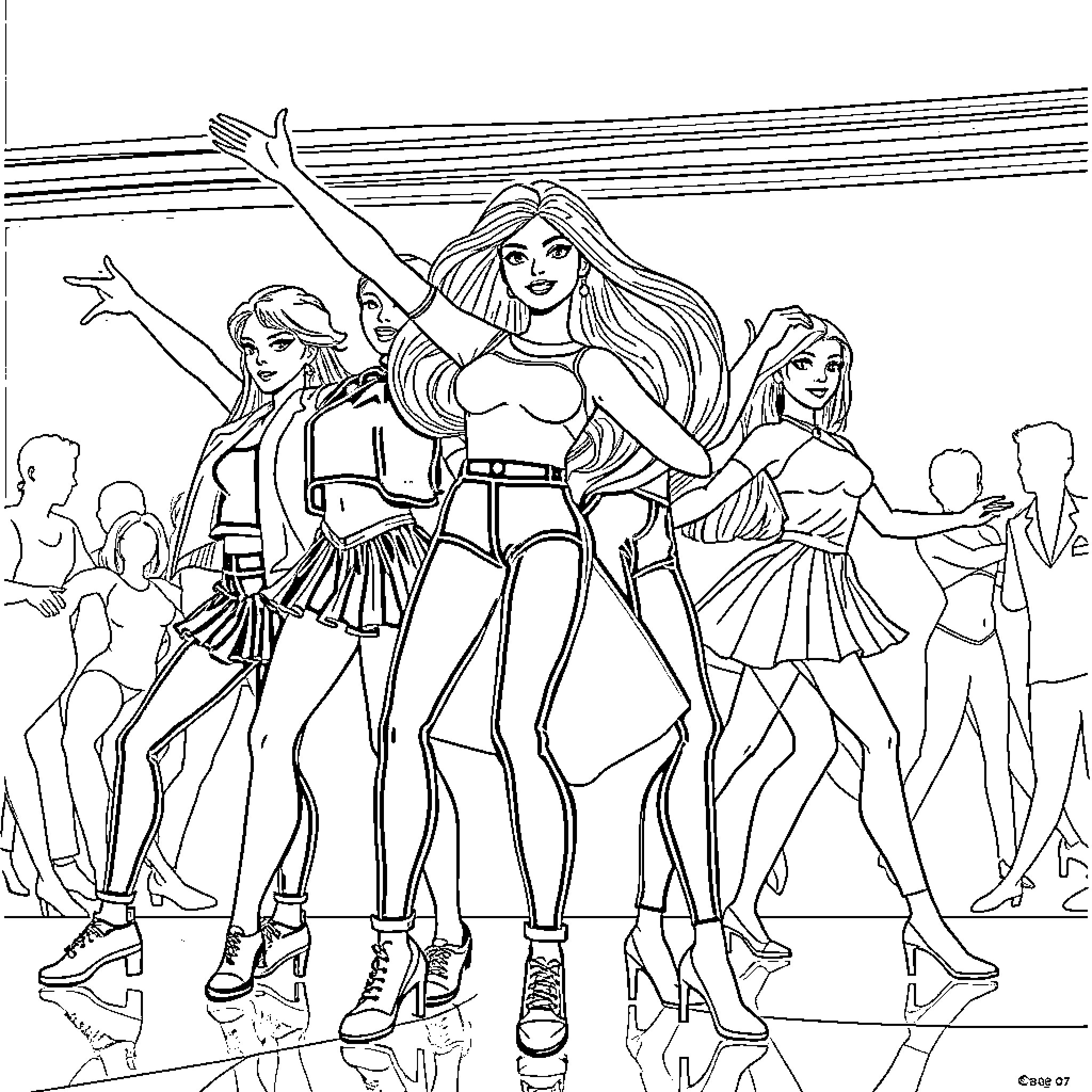 K Pop idols performing a dance routine on stage Coloring Page (free black-and-white line drawing printable PDF for all, from beginners to advanced learners, including children, teens, adults, and seniors)