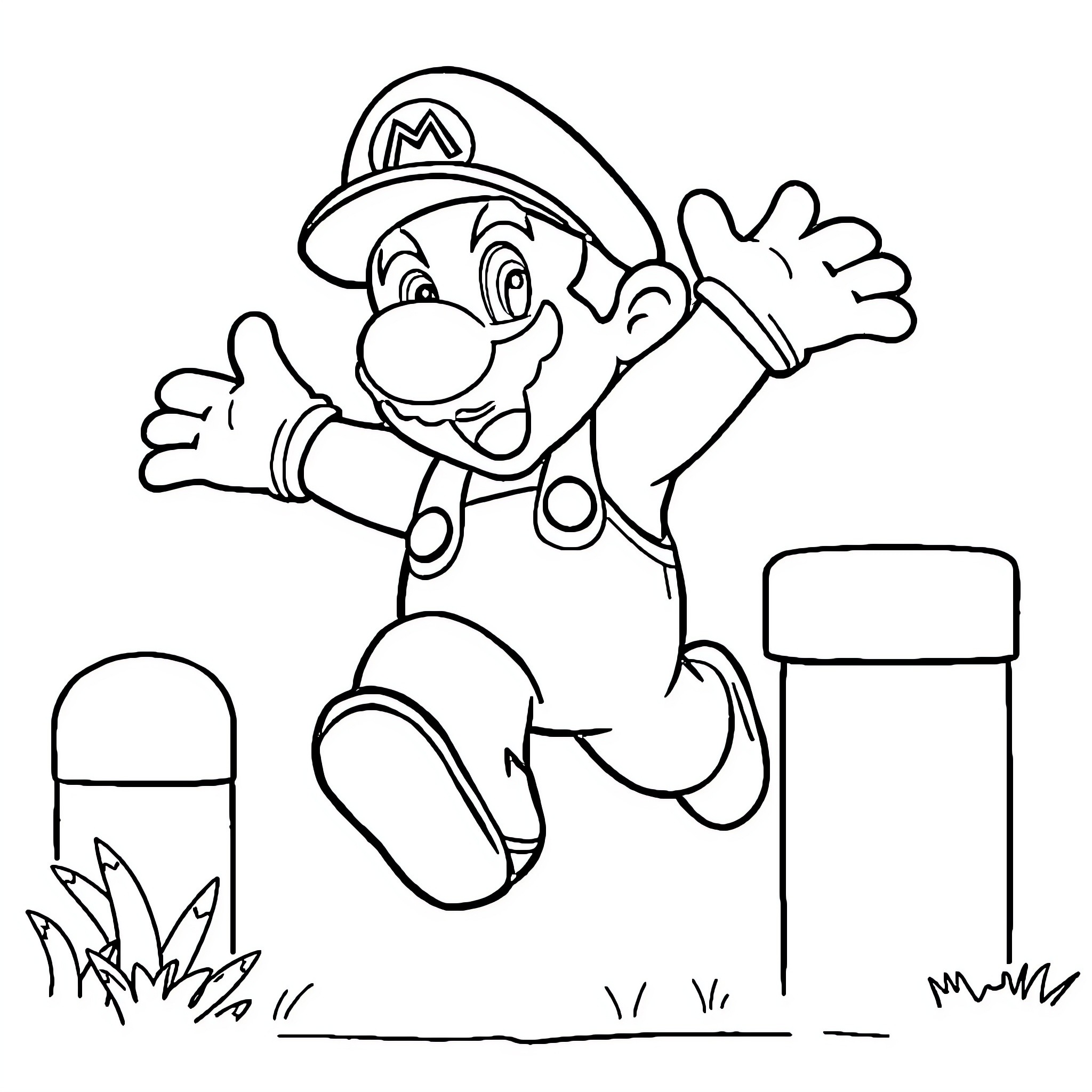 Mario jumping happily in video game scene Coloring Page (free black-and-white line drawing printable PDF for all, from beginners to advanced learners, including children, teens, adults, and seniors)