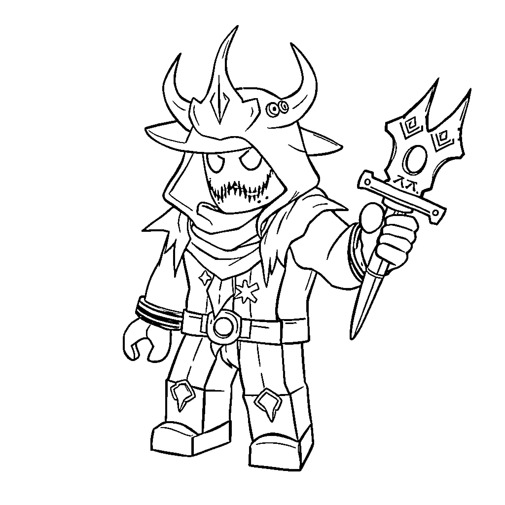 Roblox monster character with weapons and accessories Coloring Page (free black-and-white line drawing printable PDF for all, from beginners to advanced learners, including children, teens, adults, and seniors)