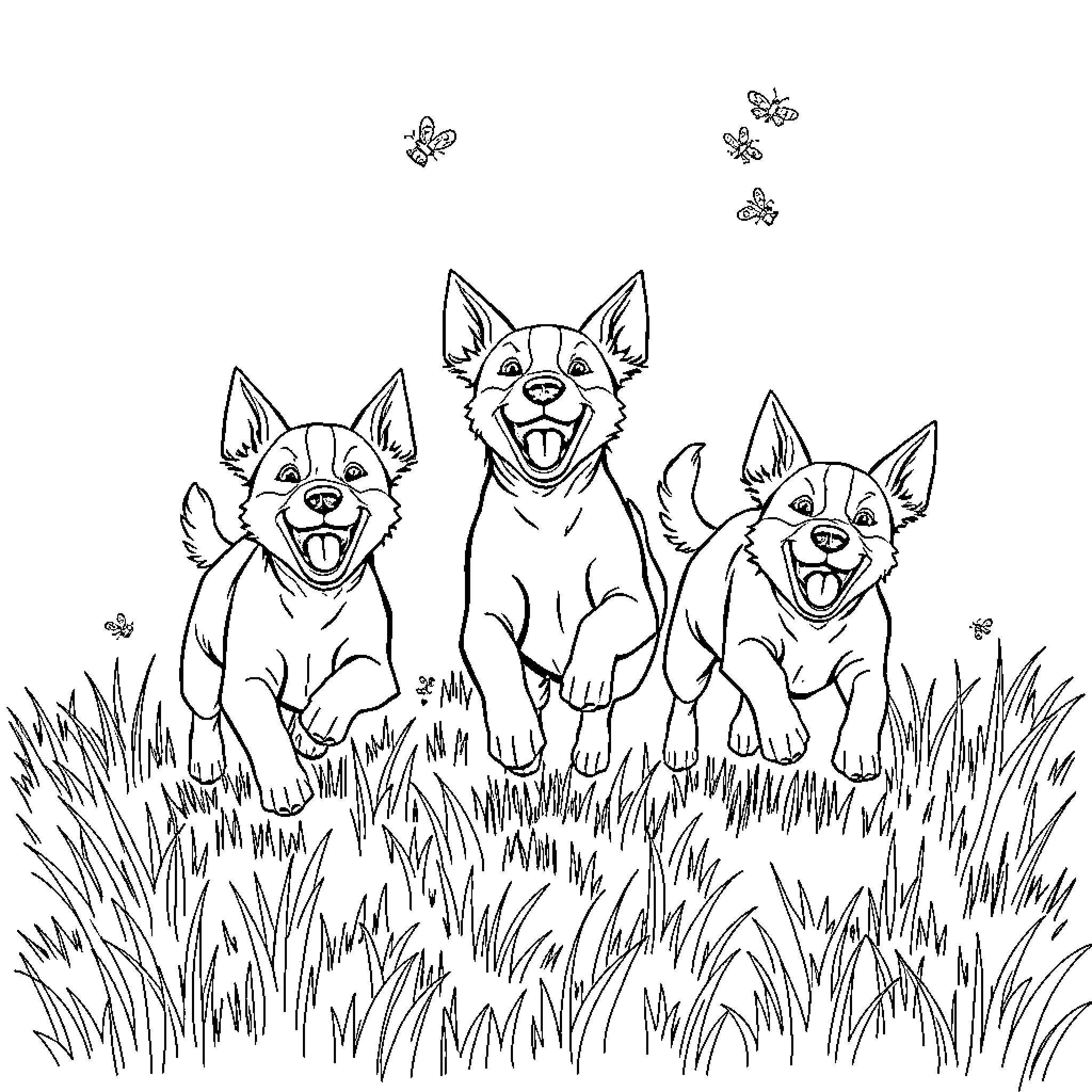 Dog friends playing joyfully in the meadow Coloring Page (free black-and-white line drawing printable PDF for all, from beginners to advanced learners, including children, teens, adults, and seniors)