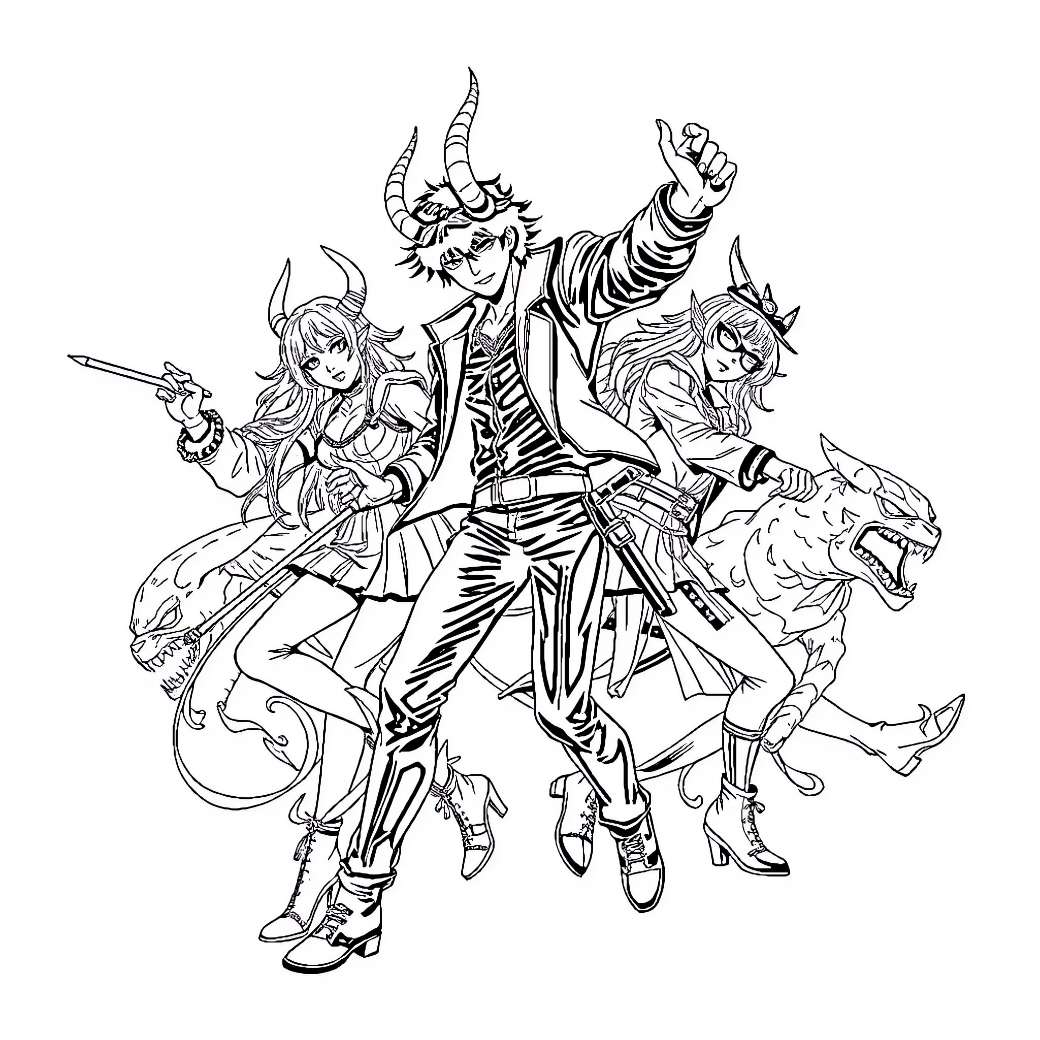 Demon Hunter Battles with Fierce Companions Coloring Page (free black-and-white line drawing printable PDF for all, from beginners to advanced learners, including children, teens, adults, and seniors)