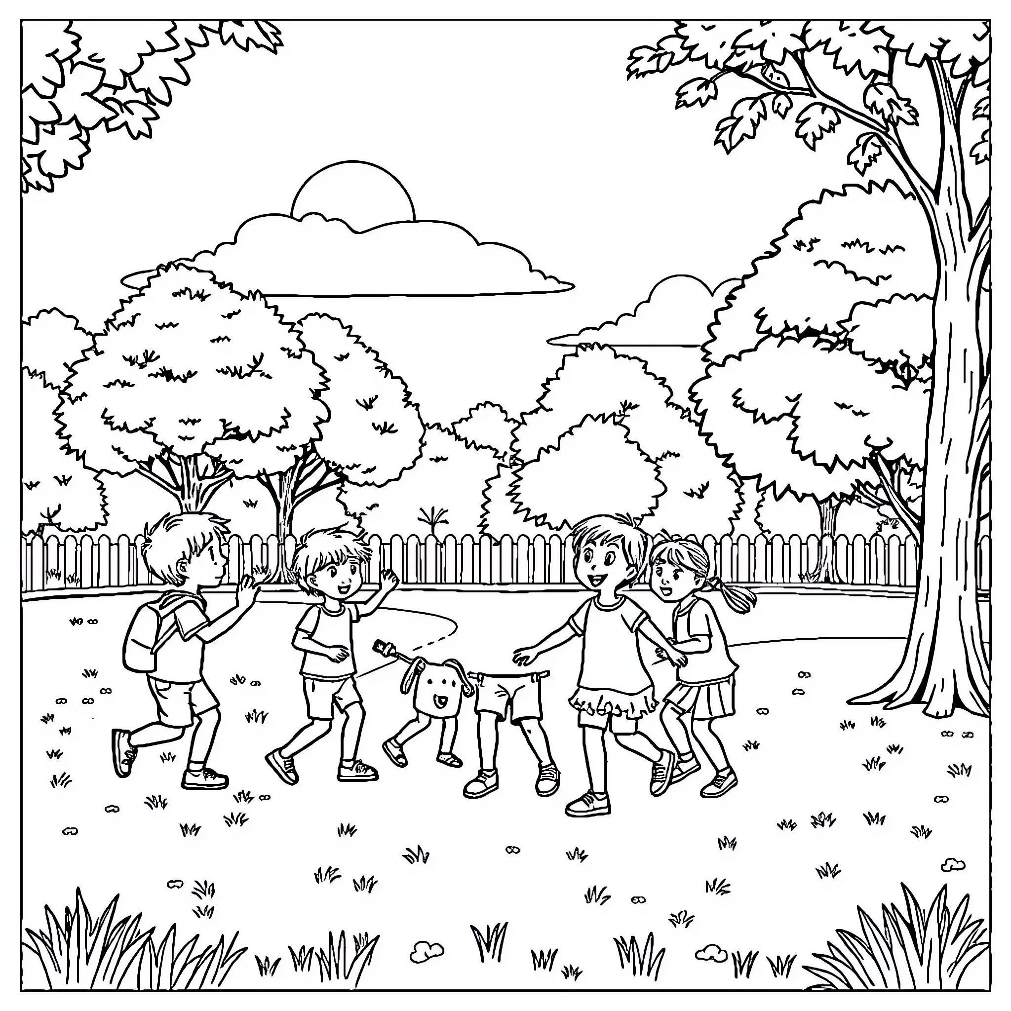 Kid playing outdoors with friends in nature Coloring Page (free black-and-white line drawing printable PDF for all, from beginners to advanced learners, including children, teens, adults, and seniors)