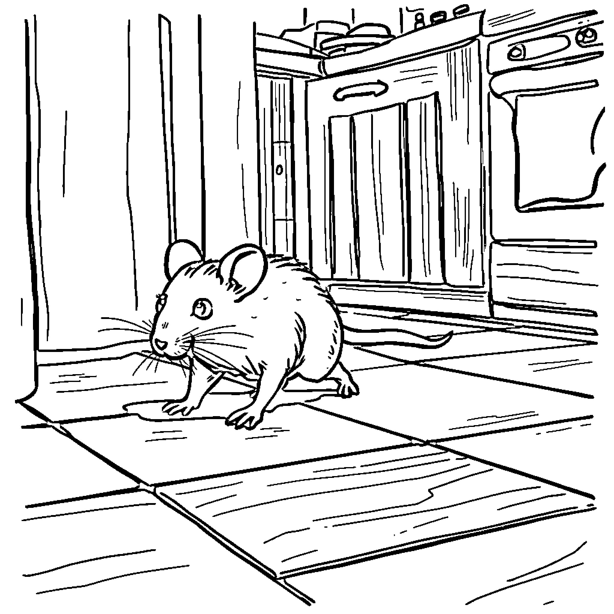 Mouse exploring a cluttered kitchen Coloring Page (free black-and-white line drawing printable PDF for all, from beginners to advanced learners, including children, teens, adults, and seniors)