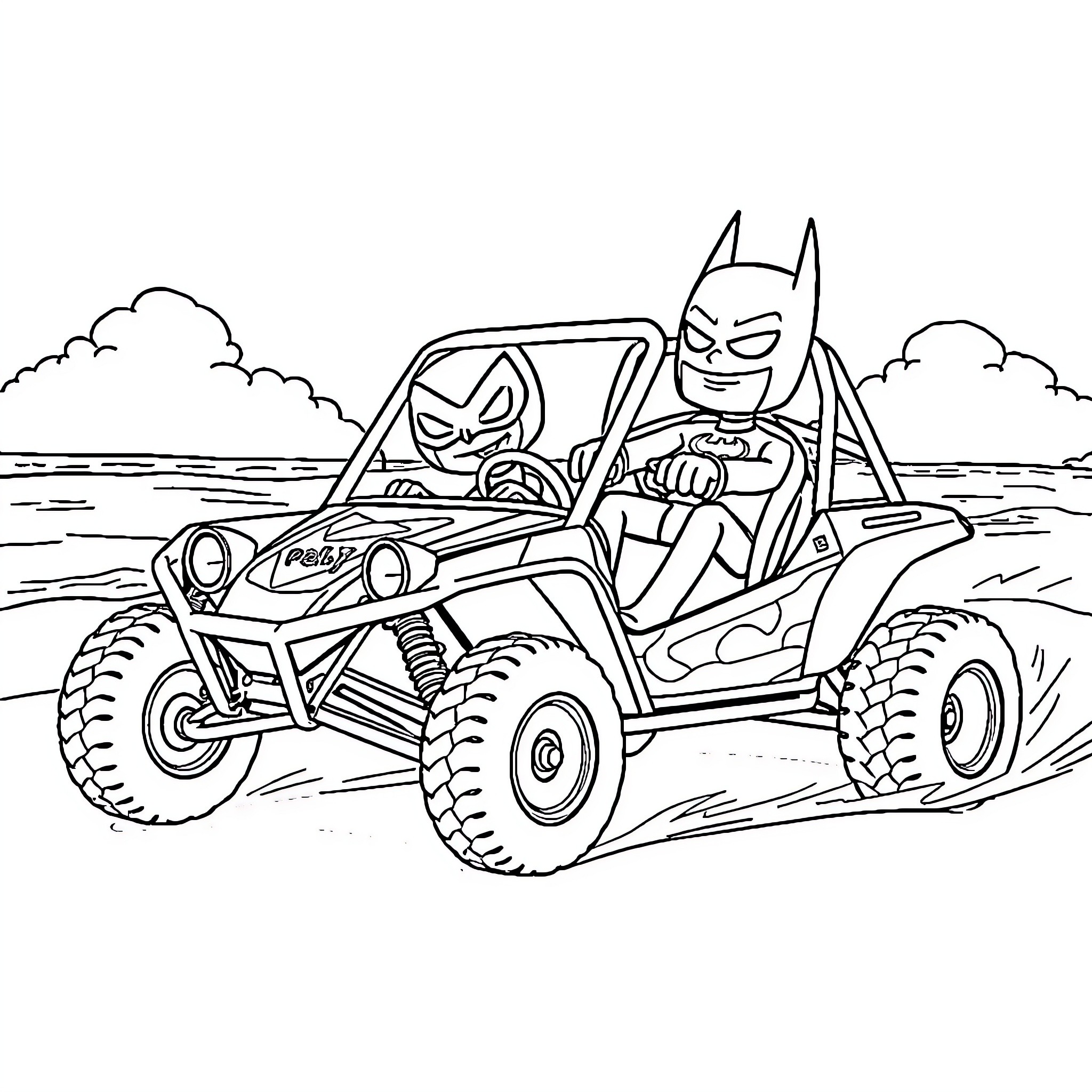 Peely and Buddy Driving Adventure in Buggy Coloring Page (free black-and-white line drawing printable PDF for all, from beginners to advanced learners, including children, teens, adults, and seniors)