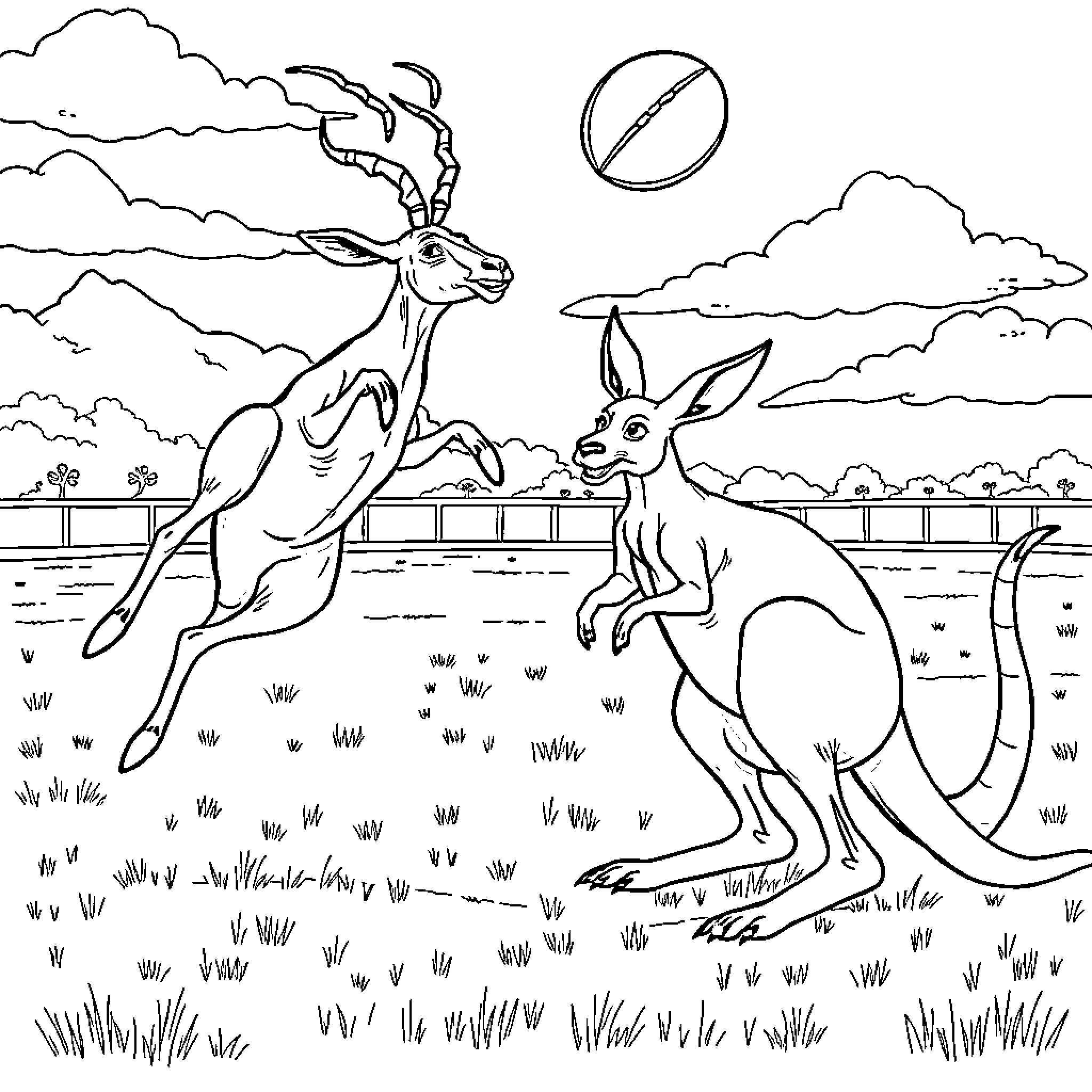 Springbok Duo Roaming Freely in the Grasslands Coloring Page (free black-and-white line drawing printable PDF for all, from beginners to advanced learners, including children, teens, adults, and seniors)