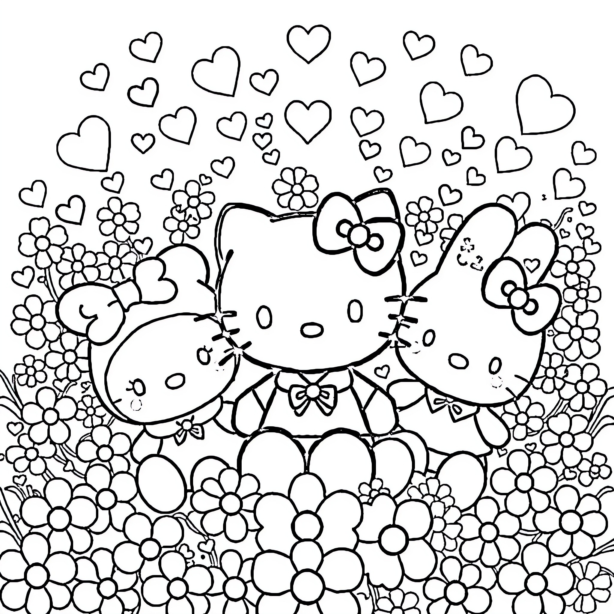 Hello Kitty surrounded by hearts and flowers Coloring Page (free black-and-white line drawing printable PDF for all, from beginners to advanced learners, including children, teens, adults, and seniors)