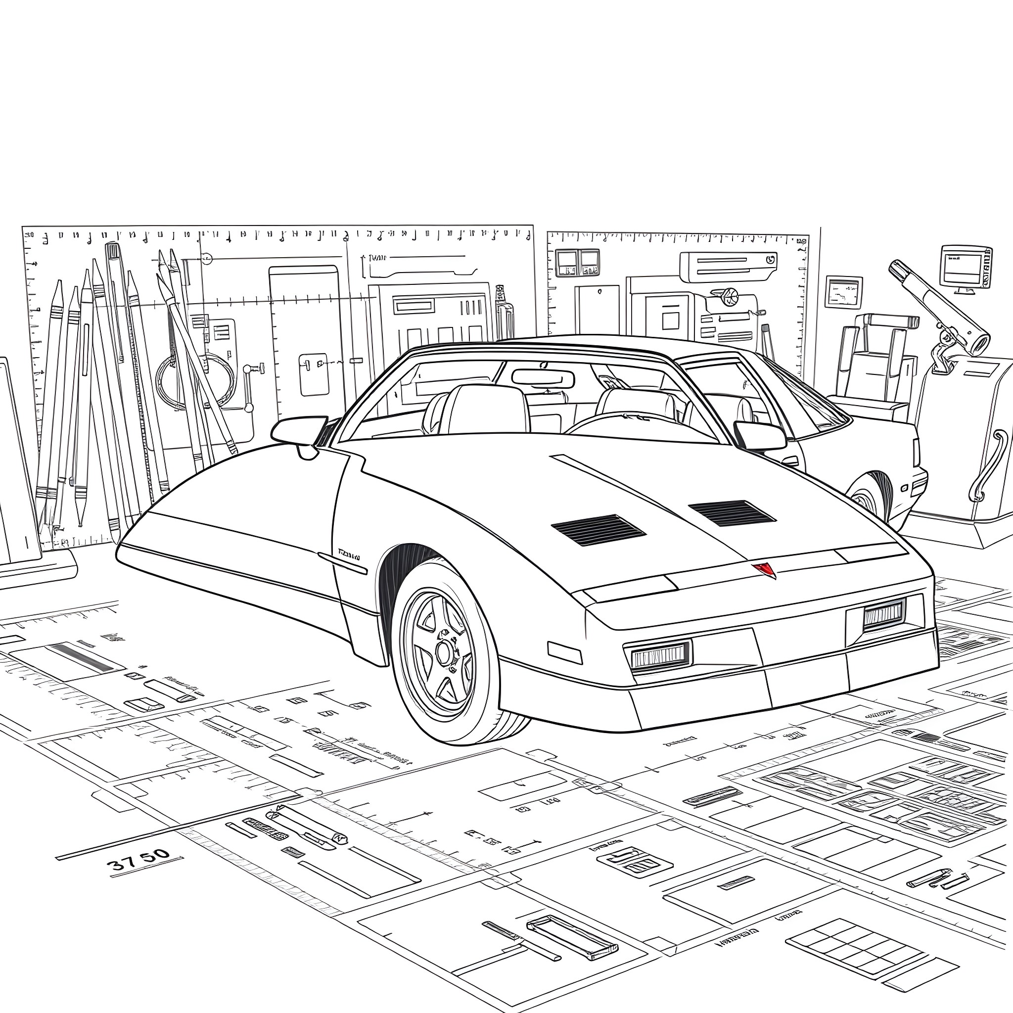 Trans Am in a Detailed Automotive Workshop Coloring Page (free black-and-white line drawing printable PDF for all, from beginners to advanced learners, including children, teens, adults, and seniors)