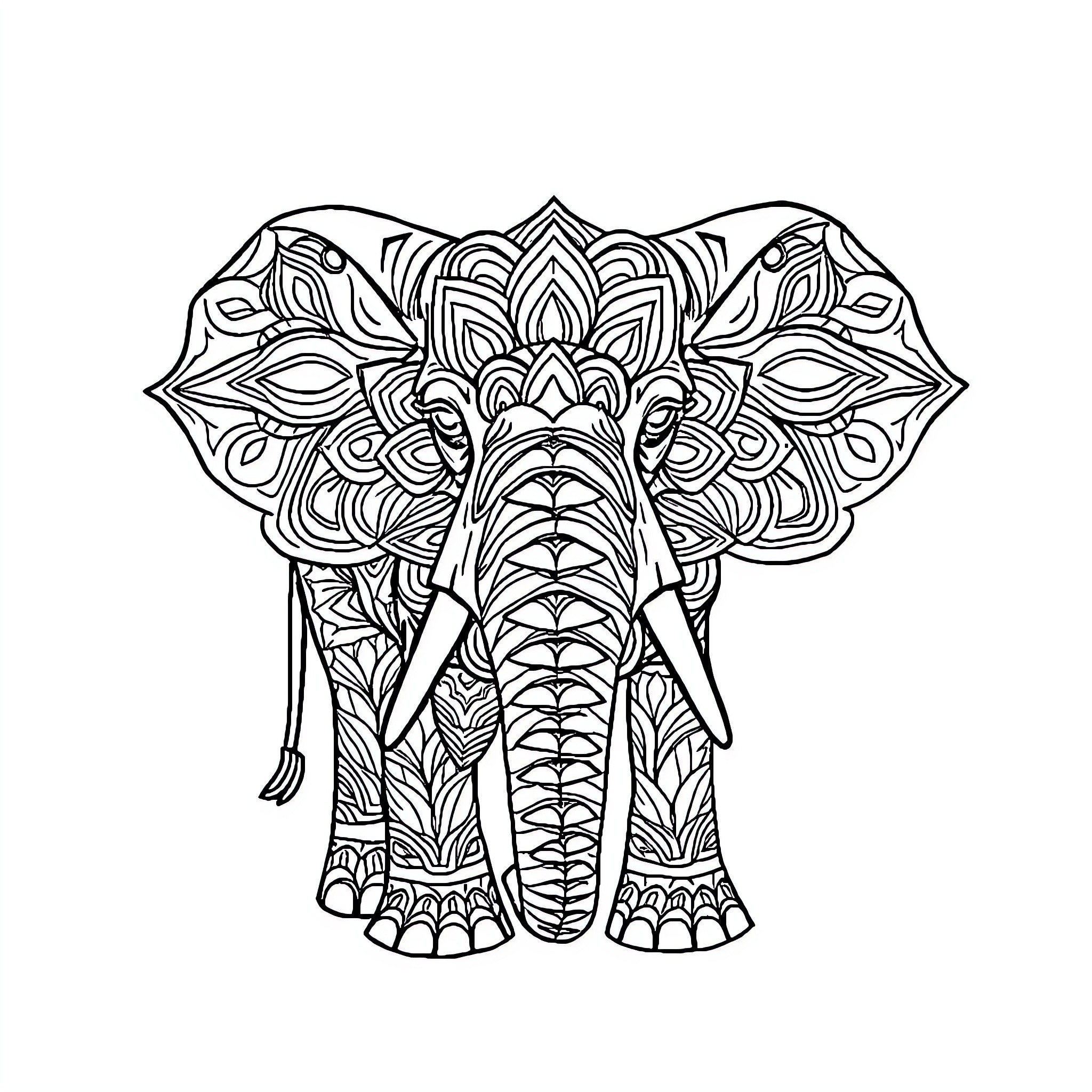 Elephant with Intricate Mandala-like Pattern Coloring Page (free black-and-white line drawing printable PDF for all, from beginners to advanced learners, including children, teens, adults, and seniors)