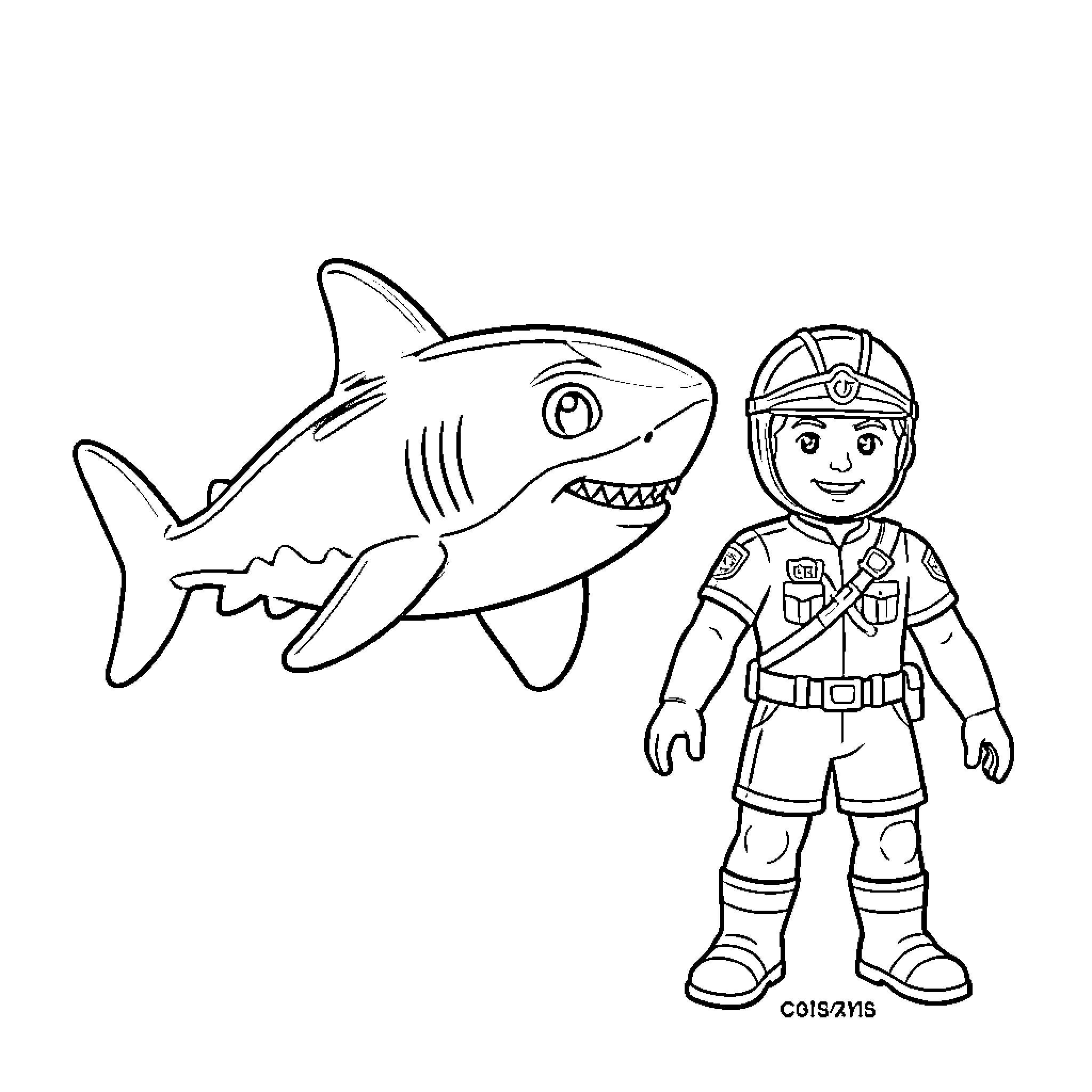 Shark swimming alongside a friendly young explorer Coloring Page (free black-and-white line drawing printable PDF for all, from beginners to advanced learners, including children, teens, adults, and seniors)