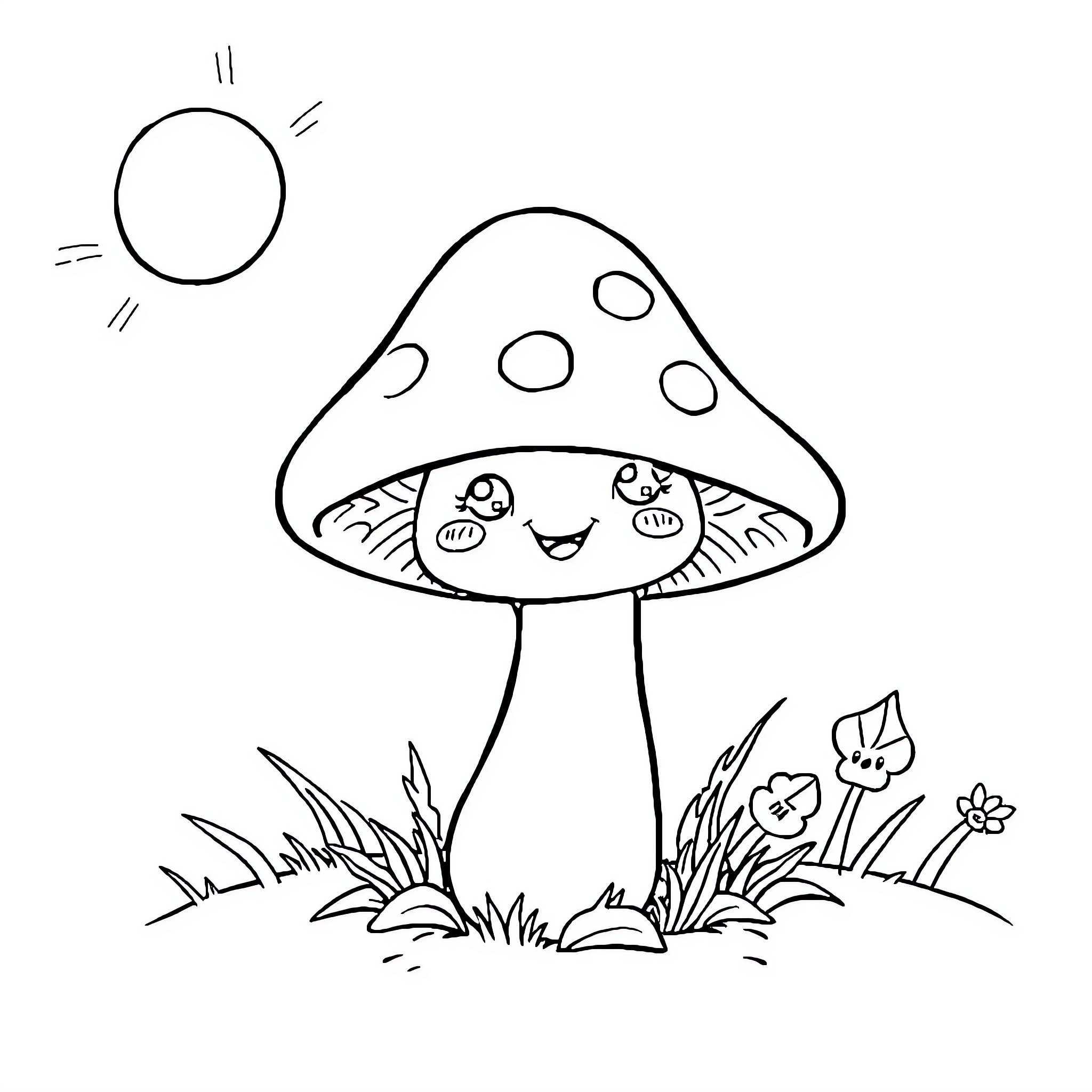 Mushroom with a cheerful expression in nature Coloring Page (free black-and-white line drawing printable PDF for all, from beginners to advanced learners, including children, teens, adults, and seniors)