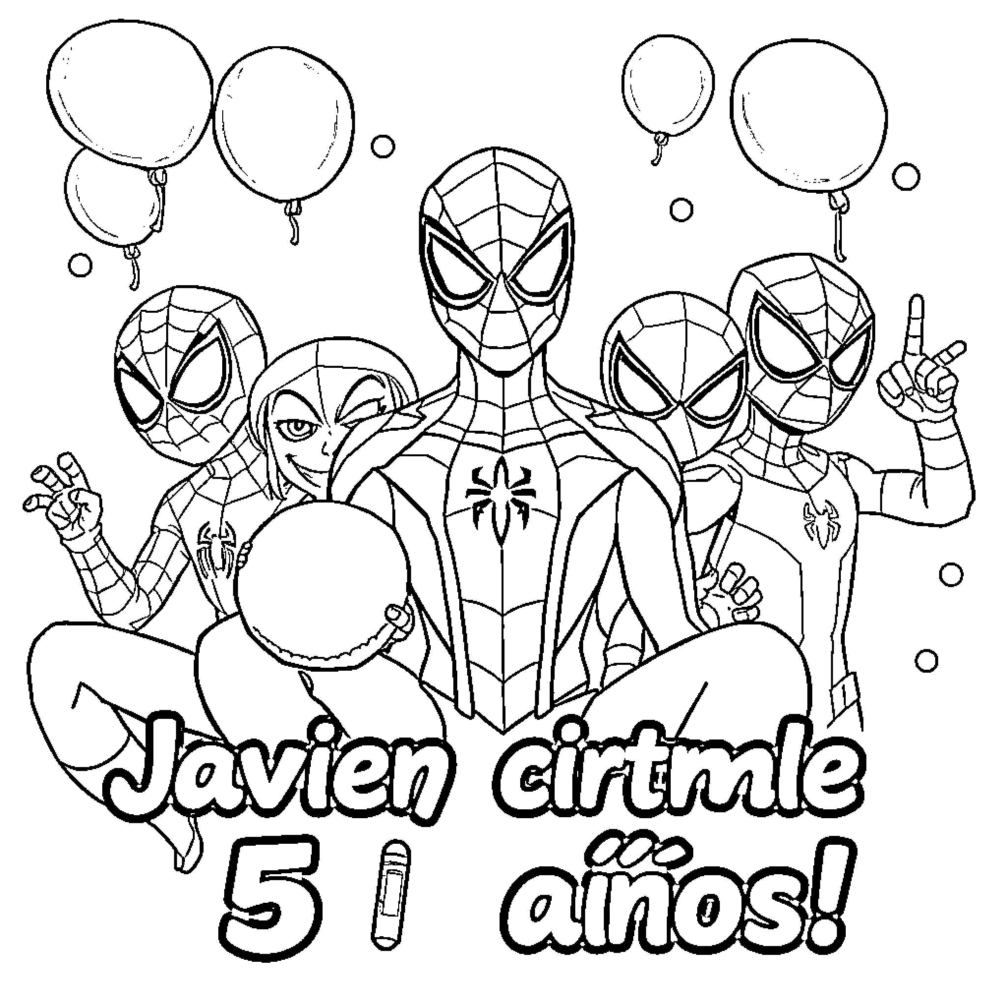 Spidey's Joyful Birthday Celebration Coloring Page (free black-and-white line drawing printable PDF for all, from beginners to advanced learners, including children, teens, adults, and seniors)