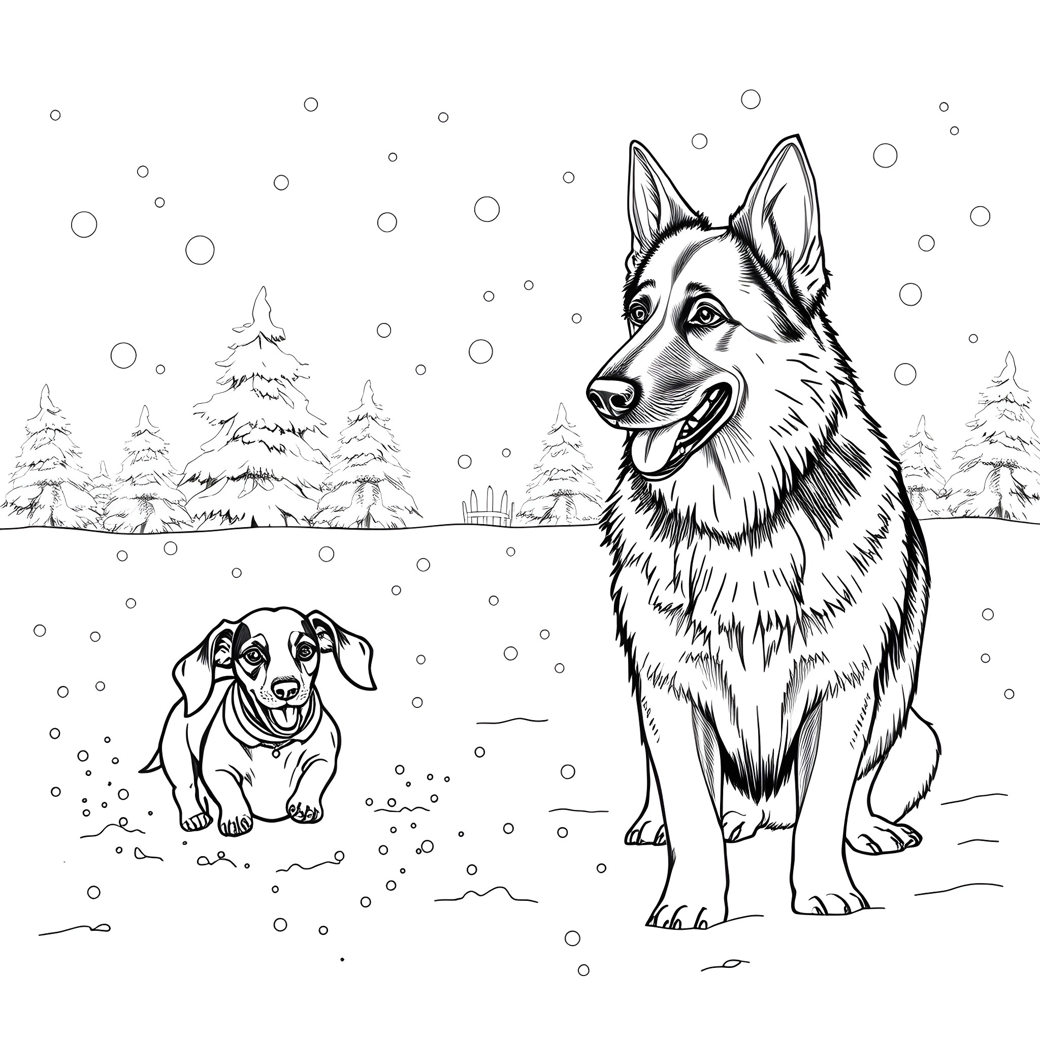 Dachshund and German Shepherd playing in the snowy forest Coloring Page (free black-and-white line drawing printable PDF for all, from beginners to advanced learners, including children, teens, adults, and seniors)