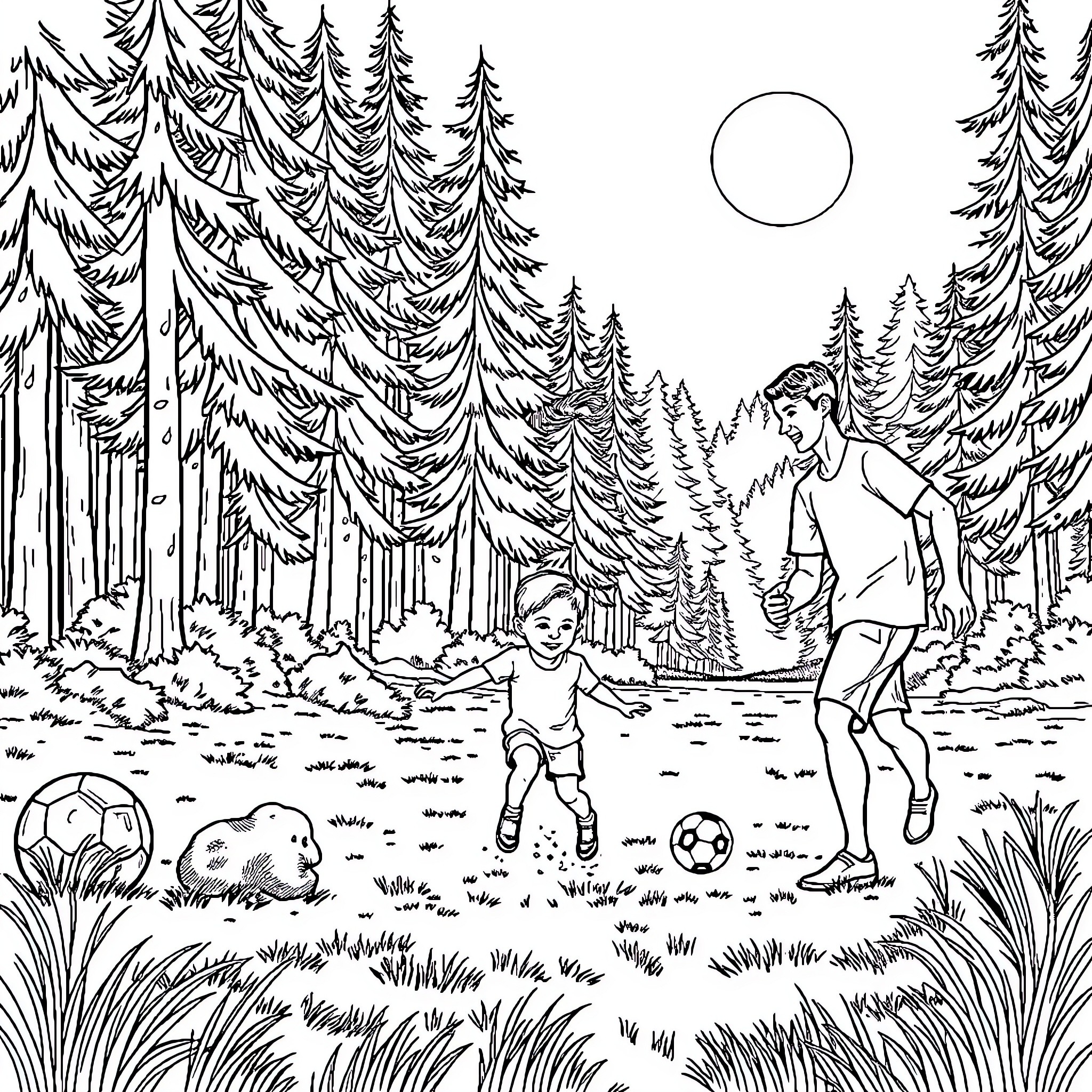 Family Playing Soccer in Enchanted Forest Coloring Page (free black-and-white line drawing printable PDF for all, from beginners to advanced learners, including children, teens, adults, and seniors)