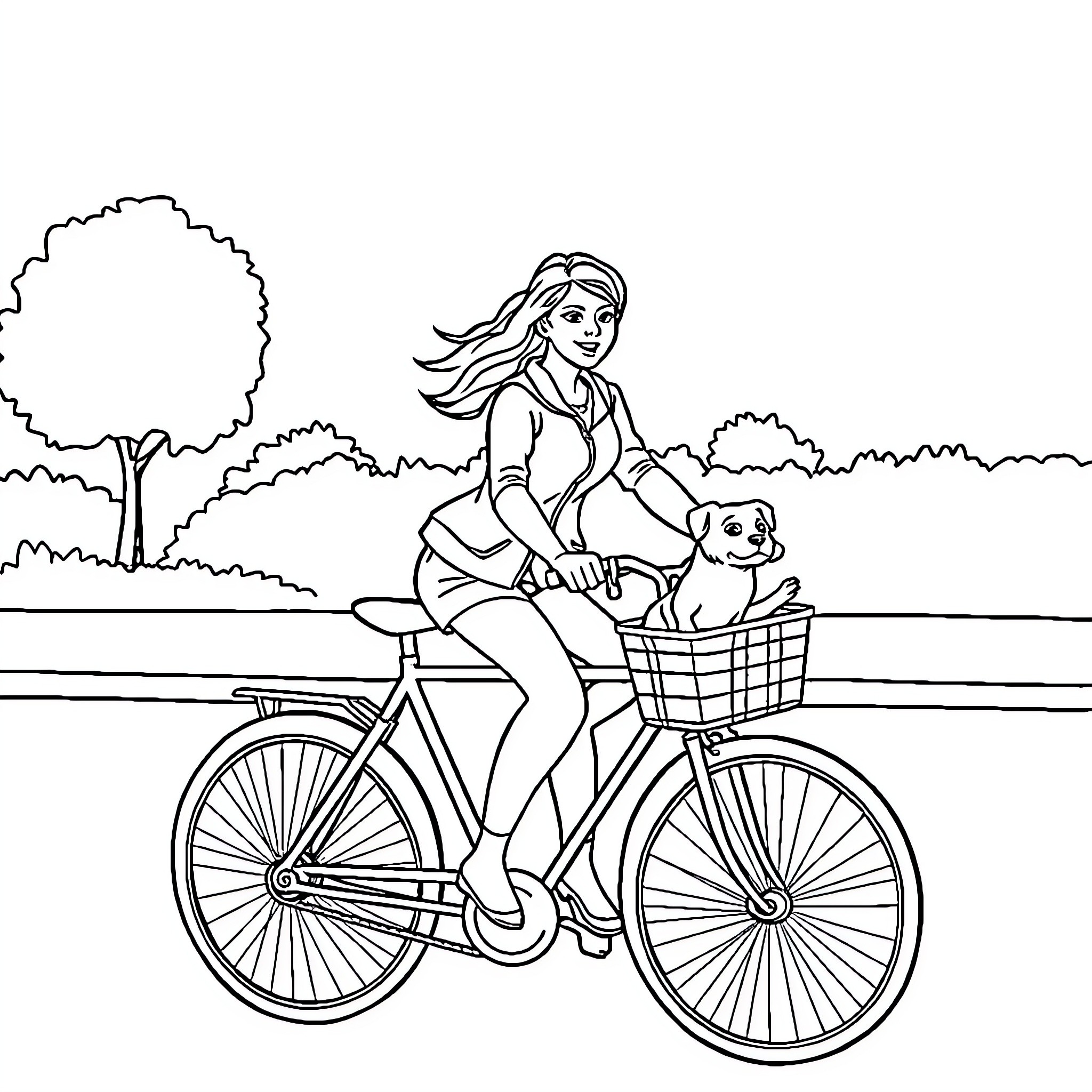 Woman riding bicycle with puppy in basket Coloring Page (free black-and-white line drawing printable PDF for all, from beginners to advanced learners, including children, teens, adults, and seniors)