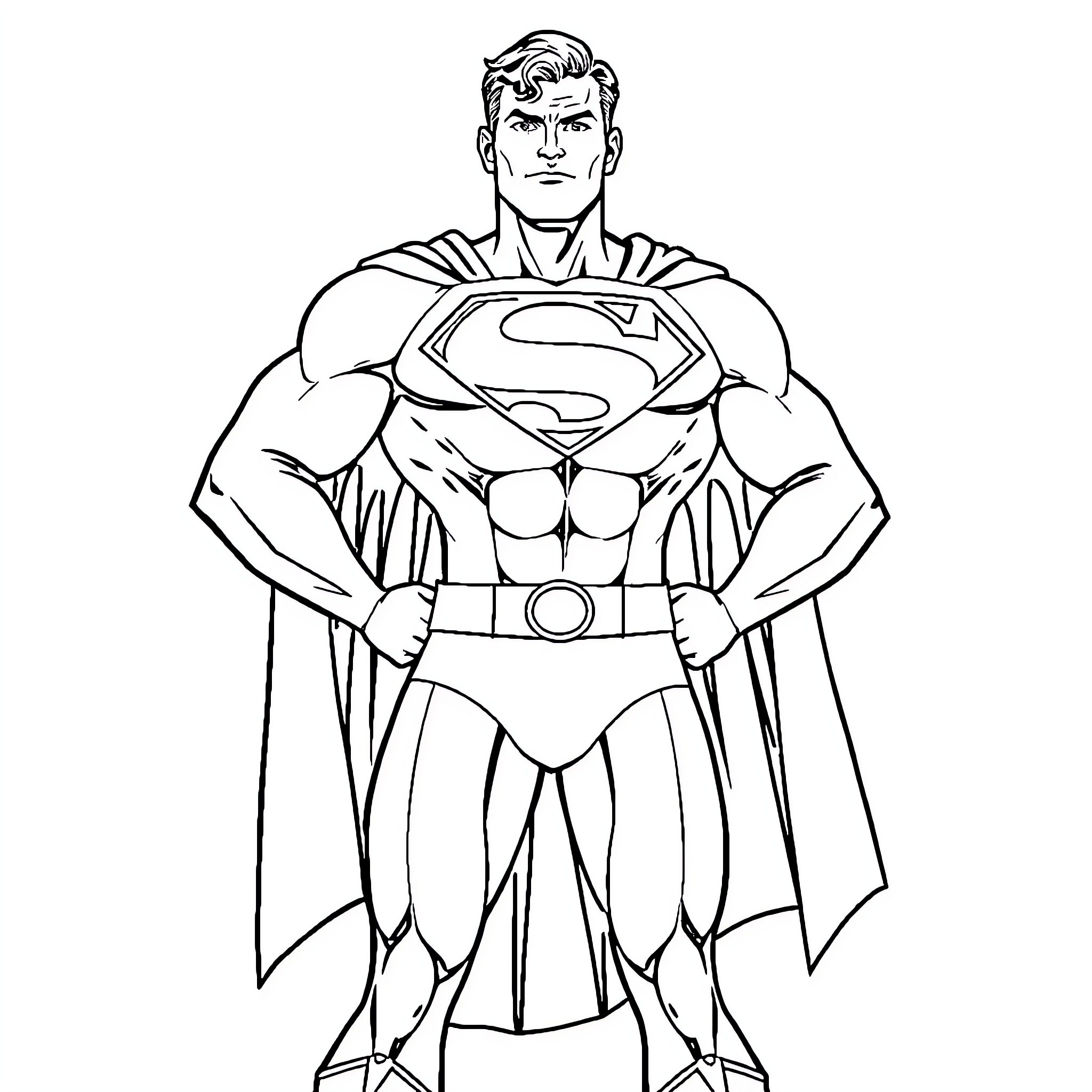 Superman standing heroically in costume Coloring Page (free black-and-white line drawing printable PDF for all, from beginners to advanced learners, including children, teens, adults, and seniors)