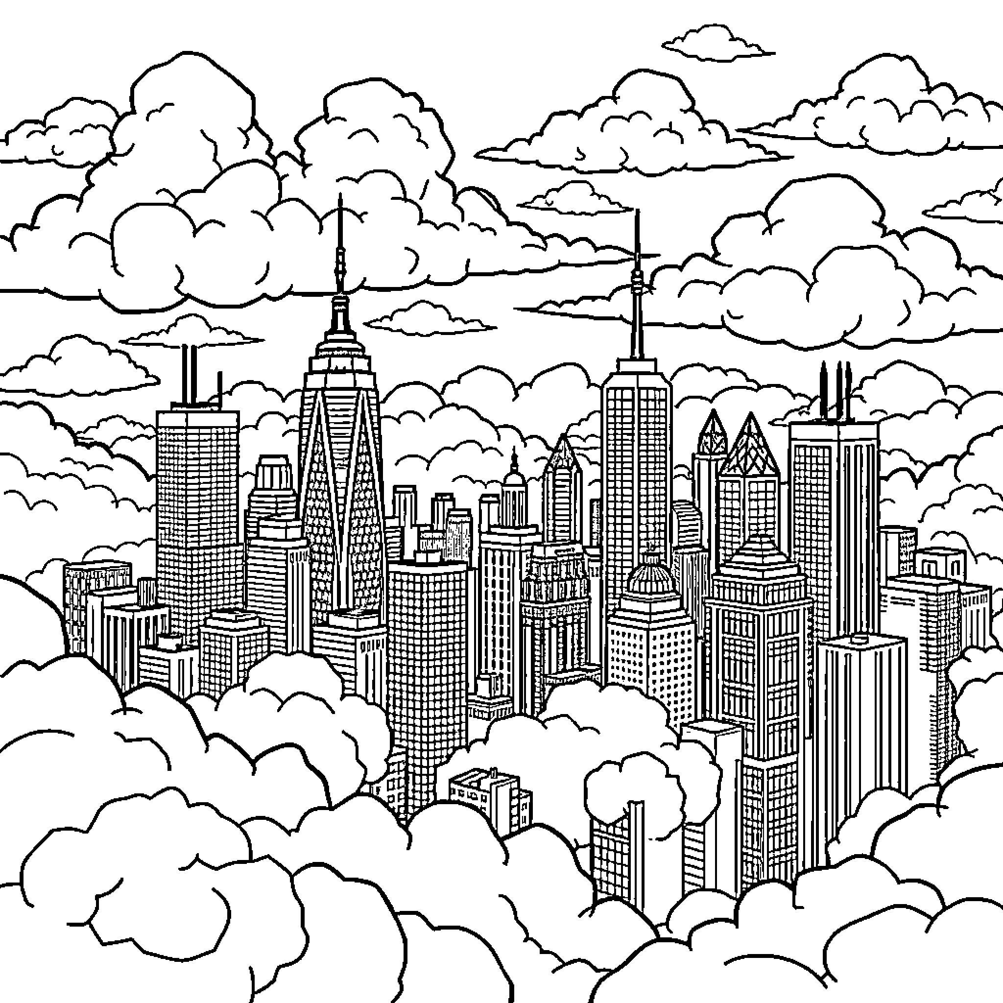 City skyline with towering skyscrapers and cloudy sky Coloring Page (free black-and-white line drawing printable PDF for all, from beginners to advanced learners, including children, teens, adults, and seniors)