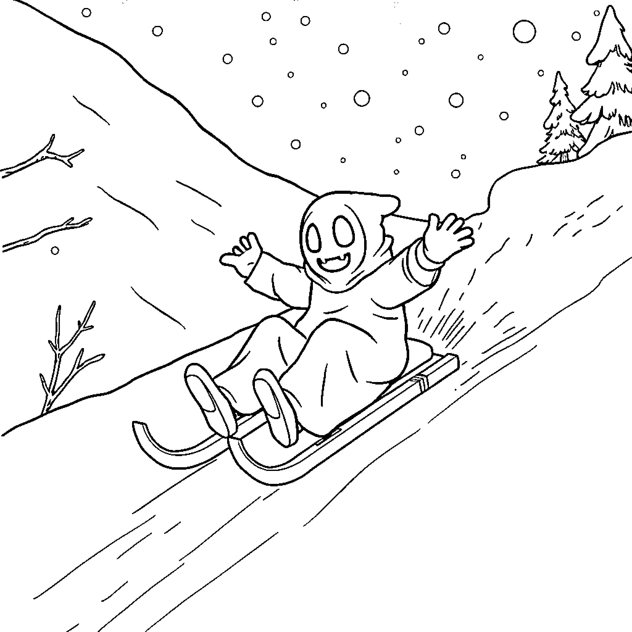 Ghostface sledding down a snowy slope Coloring Page (free black-and-white line drawing printable PDF for all, from beginners to advanced learners, including children, teens, adults, and seniors)