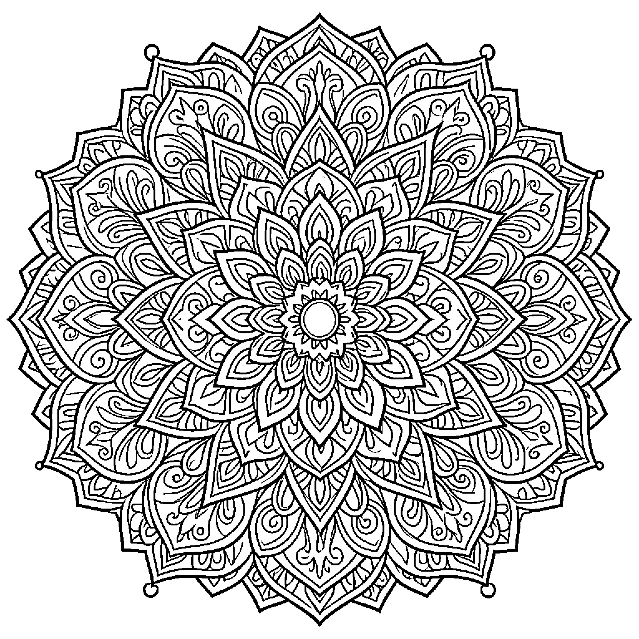 Mandala of intricate floral patterns and geometric designs Coloring Page (free black-and-white line drawing printable PDF for all, from beginners to advanced learners, including children, teens, adults, and seniors)