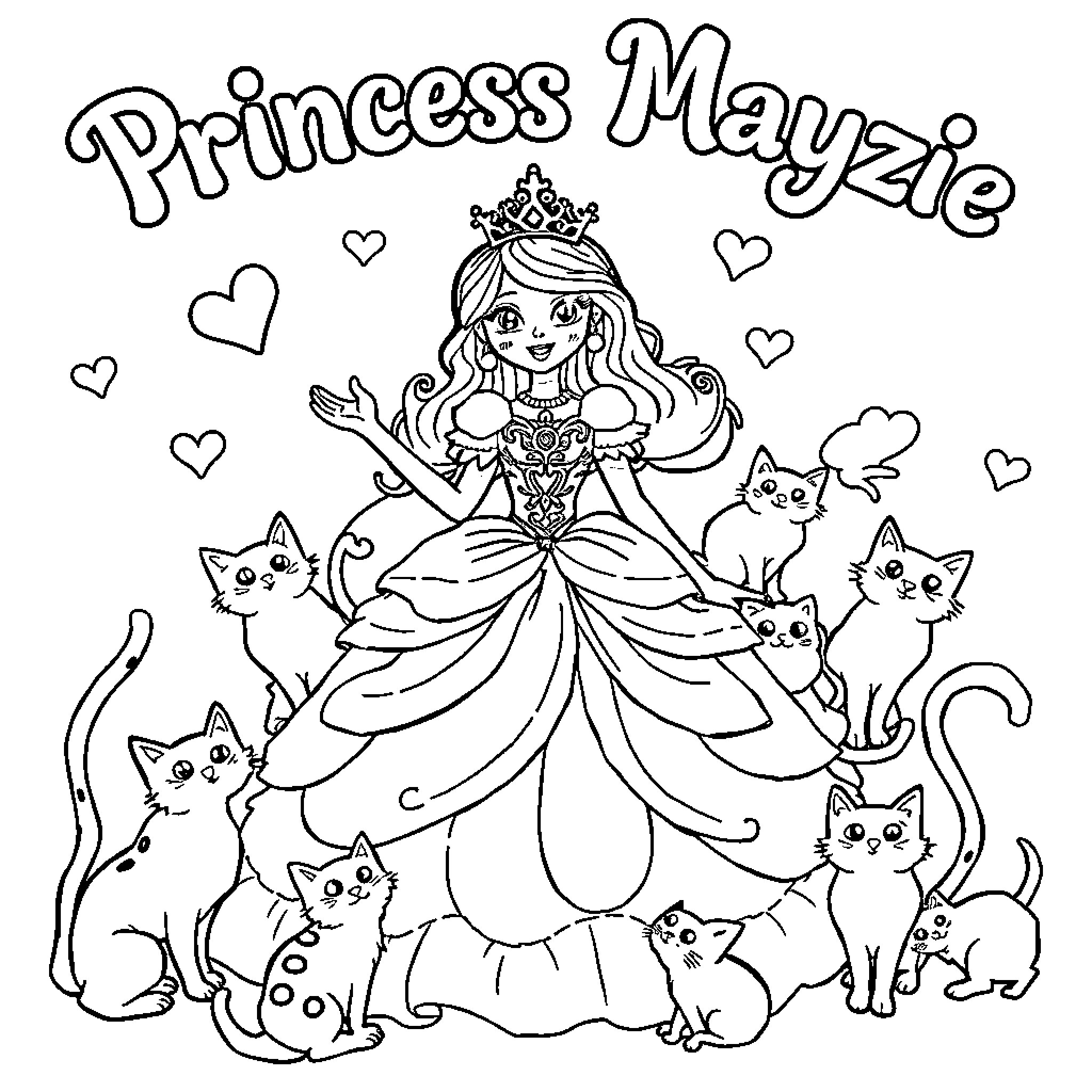 Princess Mayzie surrounded by playful kittens Coloring Page (free black-and-white line drawing printable PDF for all, from beginners to advanced learners, including children, teens, adults, and seniors)