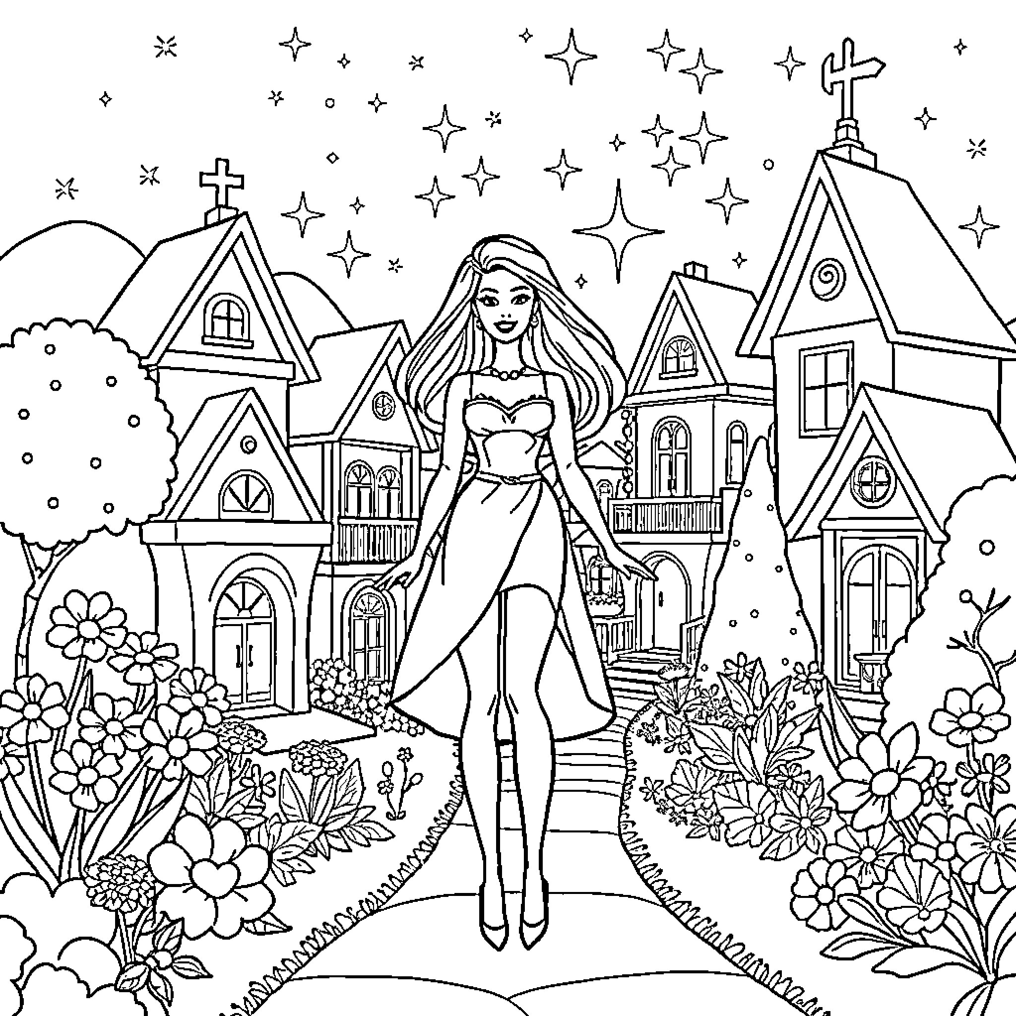 Barbie in a Magical Village with Enchanting Cottages Coloring Page (free black-and-white line drawing printable PDF for all, from beginners to advanced learners, including children, teens, adults, and seniors)