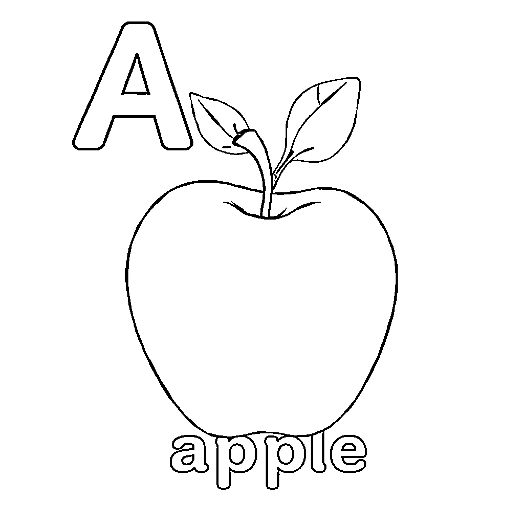 Apple with letter A and text Coloring Page (free black-and-white line drawing printable PDF for all, from beginners to advanced learners, including children, teens, adults, and seniors)