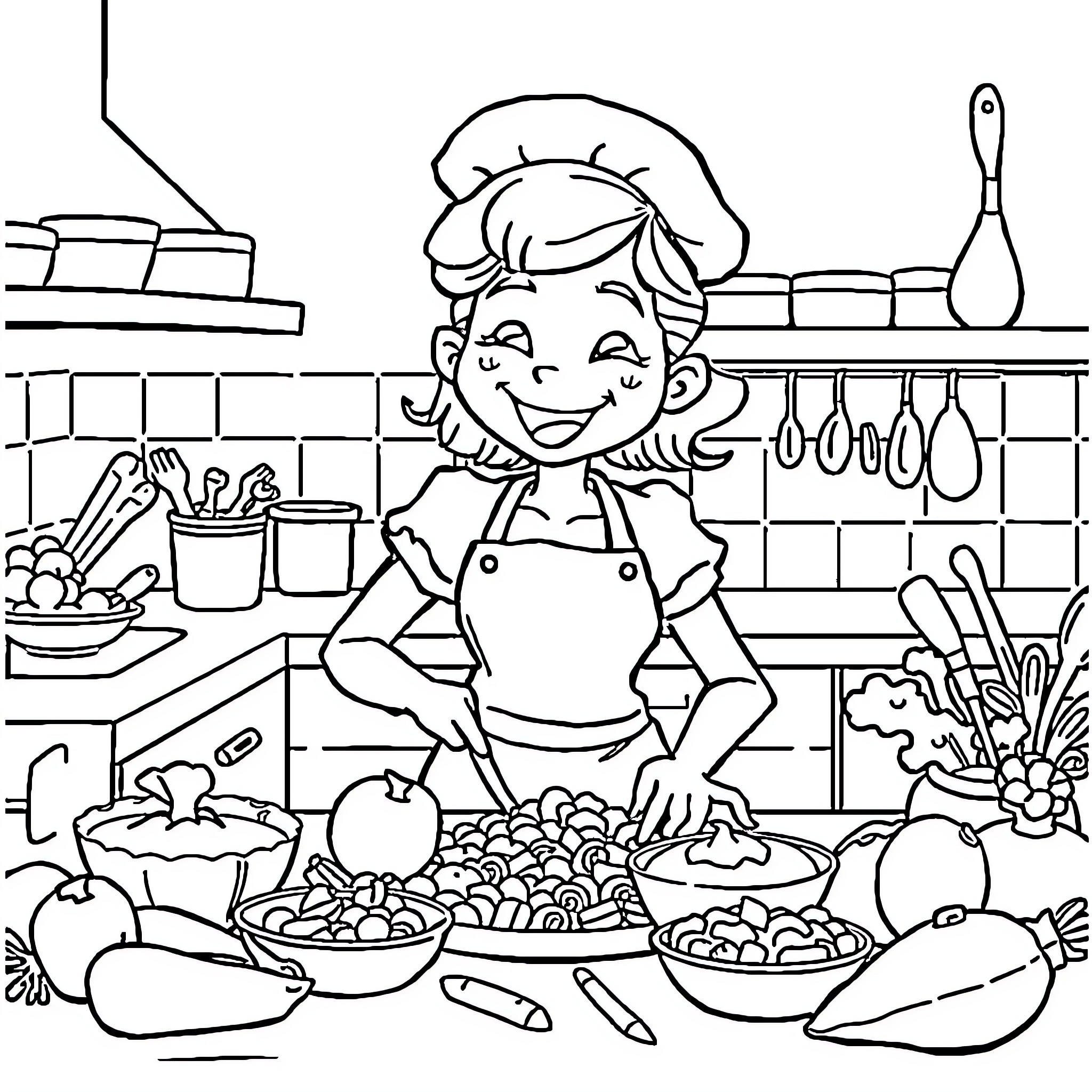 Bluey helping in the kitchen with cooking and baking Coloring Page (free black-and-white line drawing printable PDF for all, from beginners to advanced learners, including children, teens, adults, and seniors)