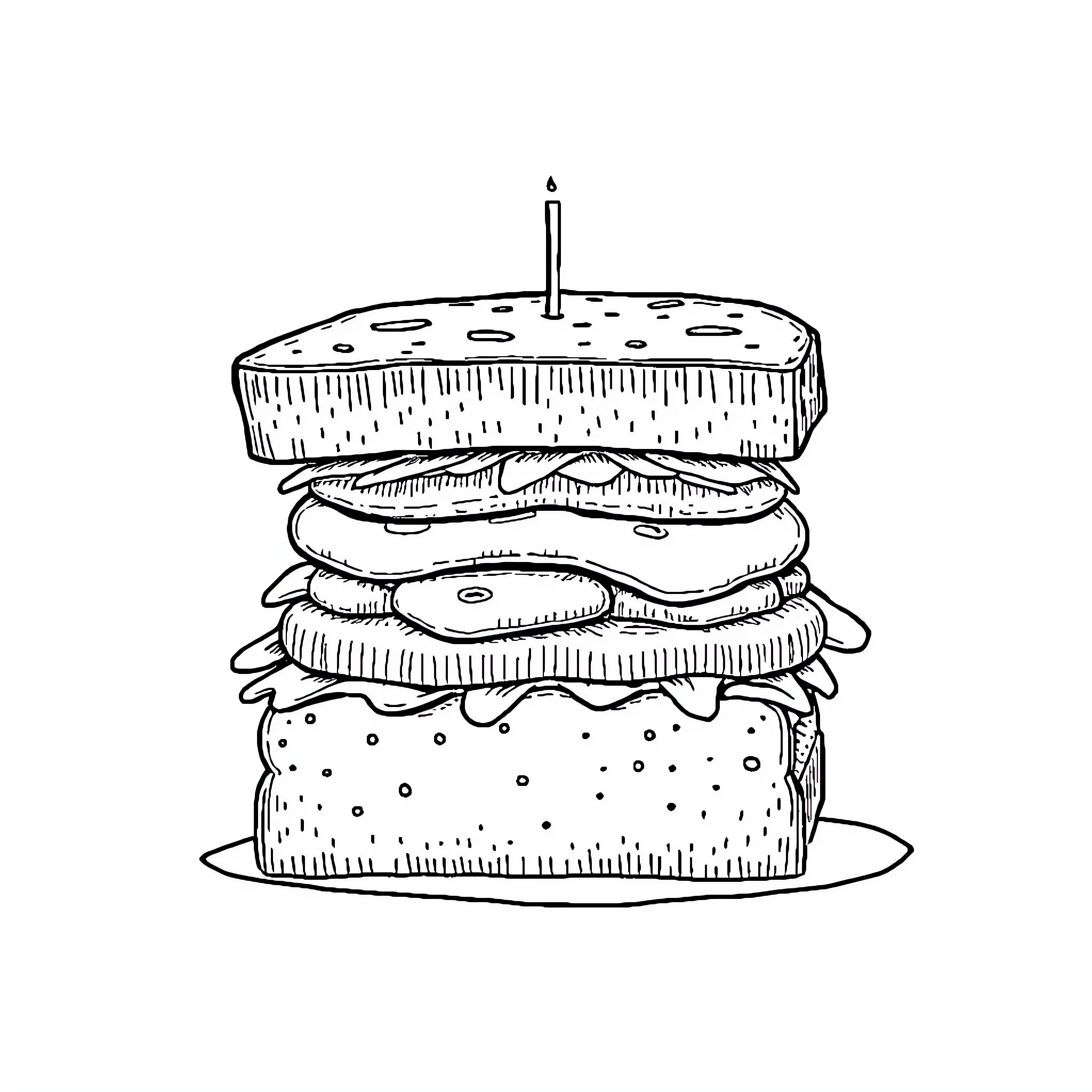 Sandwich with layered ingredients Coloring Page (free black-and-white line drawing printable PDF for all, from beginners to advanced learners, including children, teens, adults, and seniors)