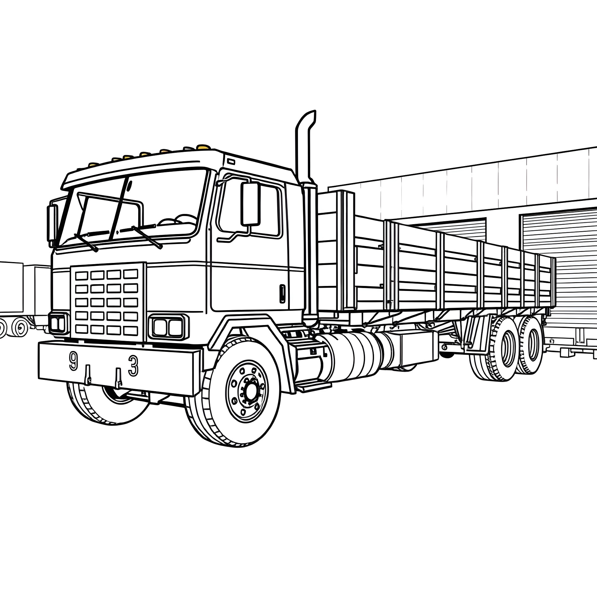 Flatbed truck carrying construction materials Coloring Page (free black-and-white line drawing printable PDF for all, from beginners to advanced learners, including children, teens, adults, and seniors)