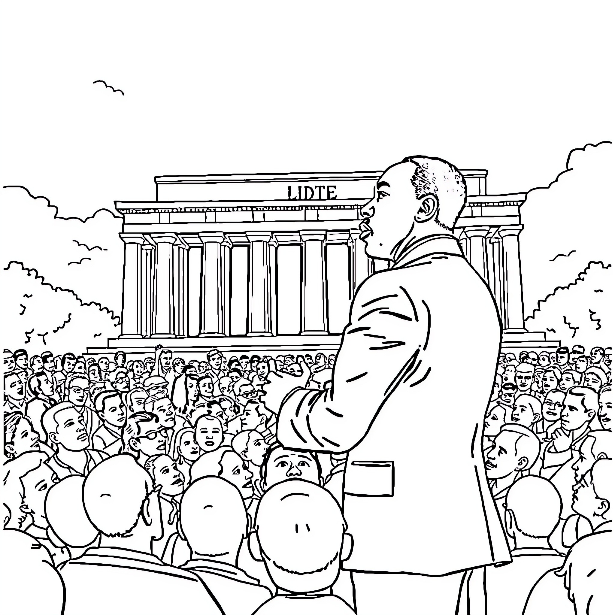 MLK JR Addressing Large Crowd of Supporters Coloring Page (free black-and-white line drawing printable PDF for all, from beginners to advanced learners, including children, teens, adults, and seniors)