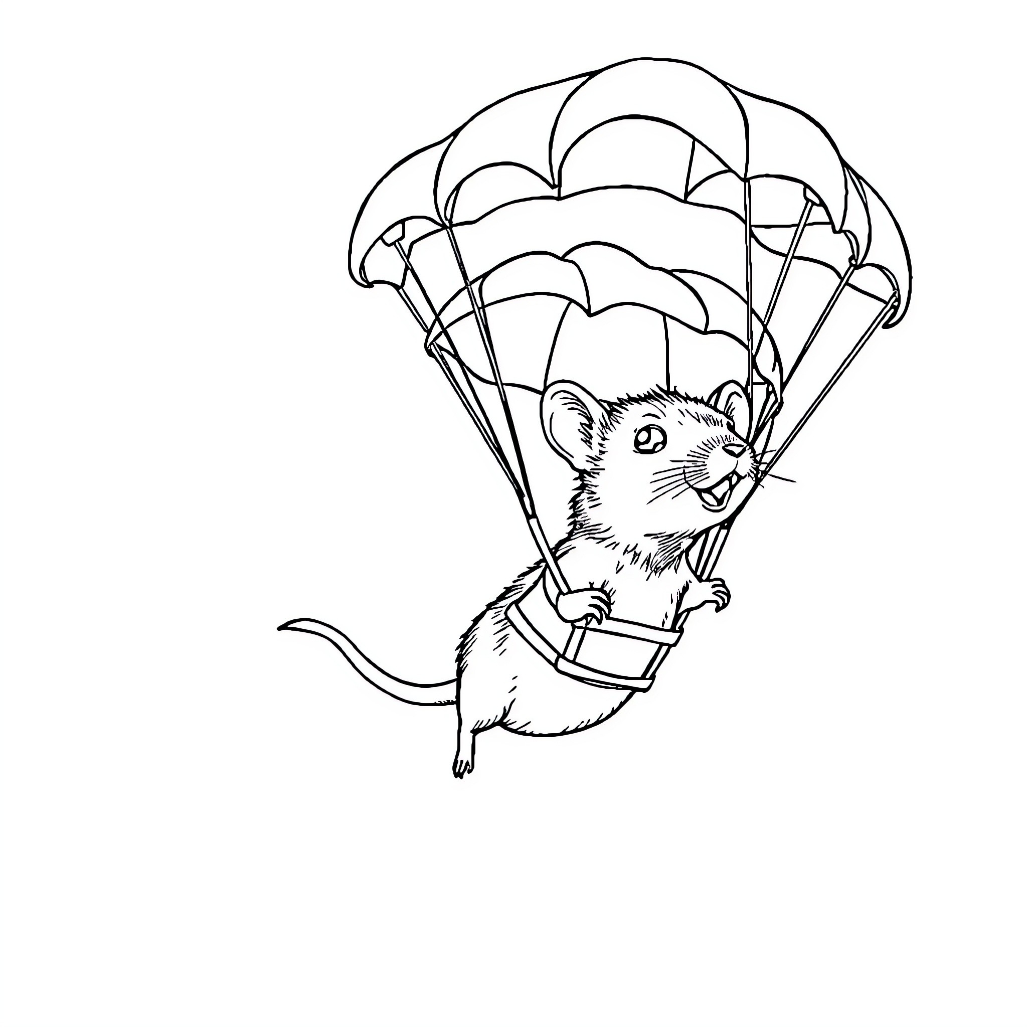 Rat skydiving with parachutes Coloring Page (free black-and-white line drawing printable PDF for all, from beginners to advanced learners, including children, teens, adults, and seniors)