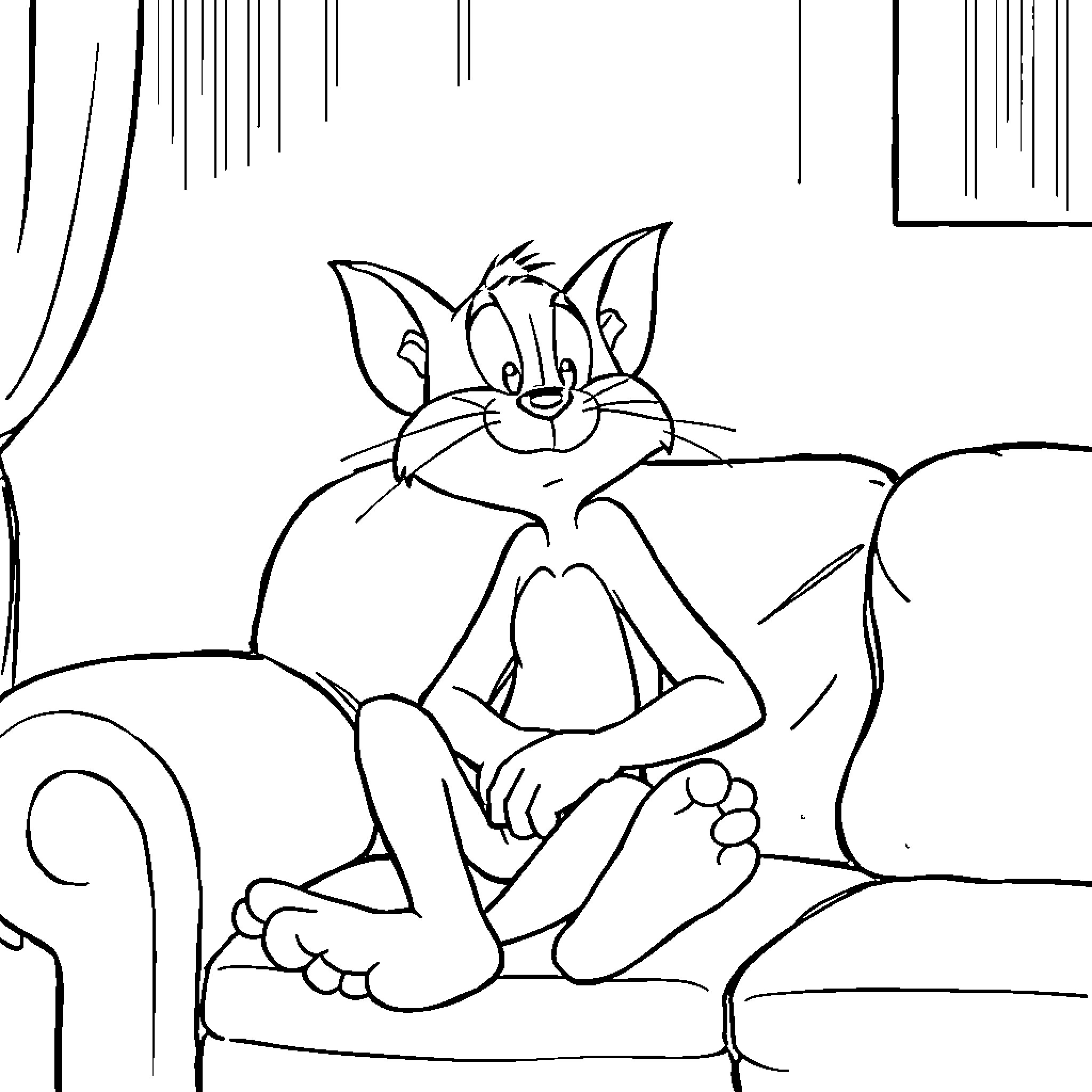 Tom relaxing comfortably on the couch Coloring Page (free black-and-white line drawing printable PDF for all, from beginners to advanced learners, including children, teens, adults, and seniors)