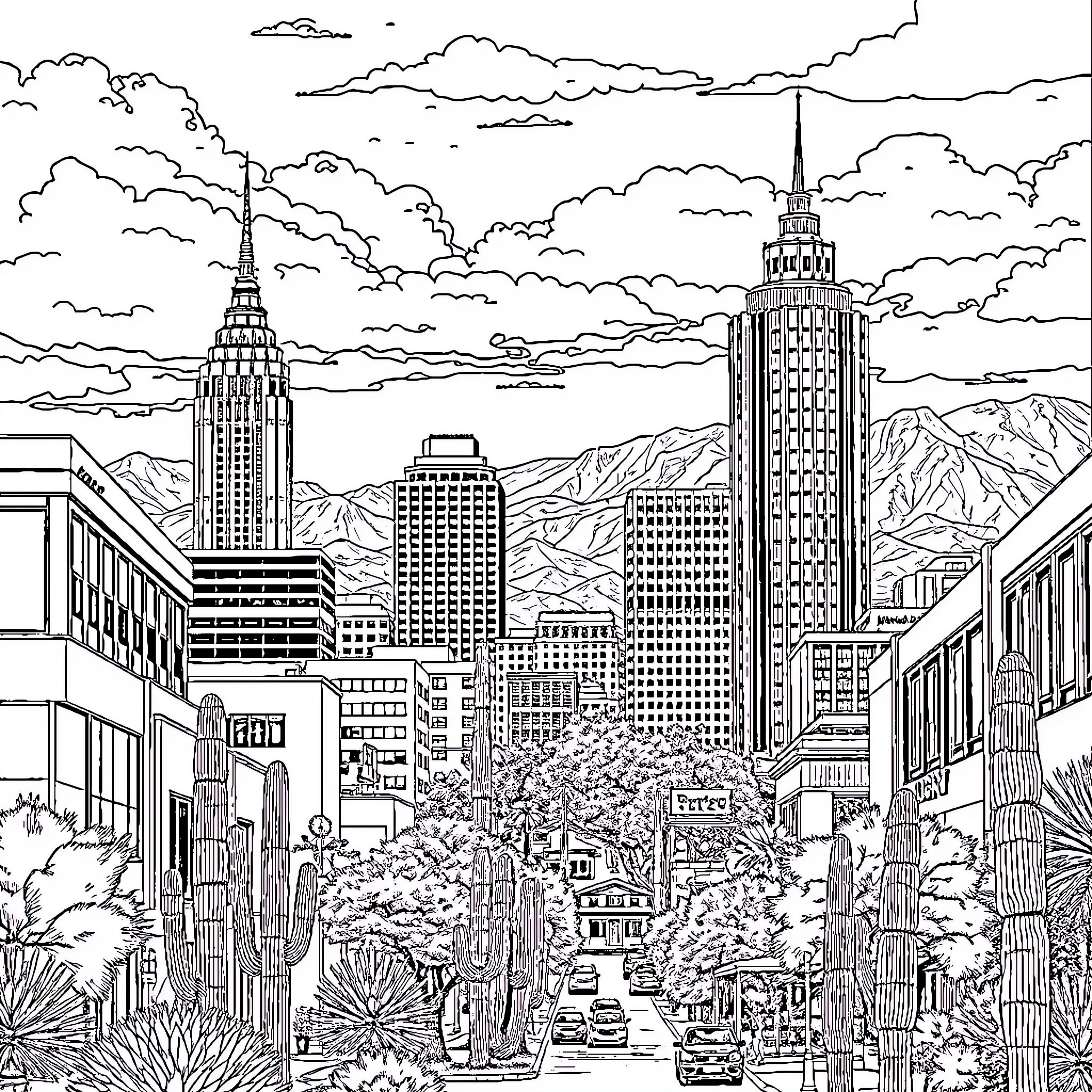 Tucson skyline with iconic buildings and desert scenery Coloring Page (free black-and-white line drawing printable PDF for all, from beginners to advanced learners, including children, teens, adults, and seniors)