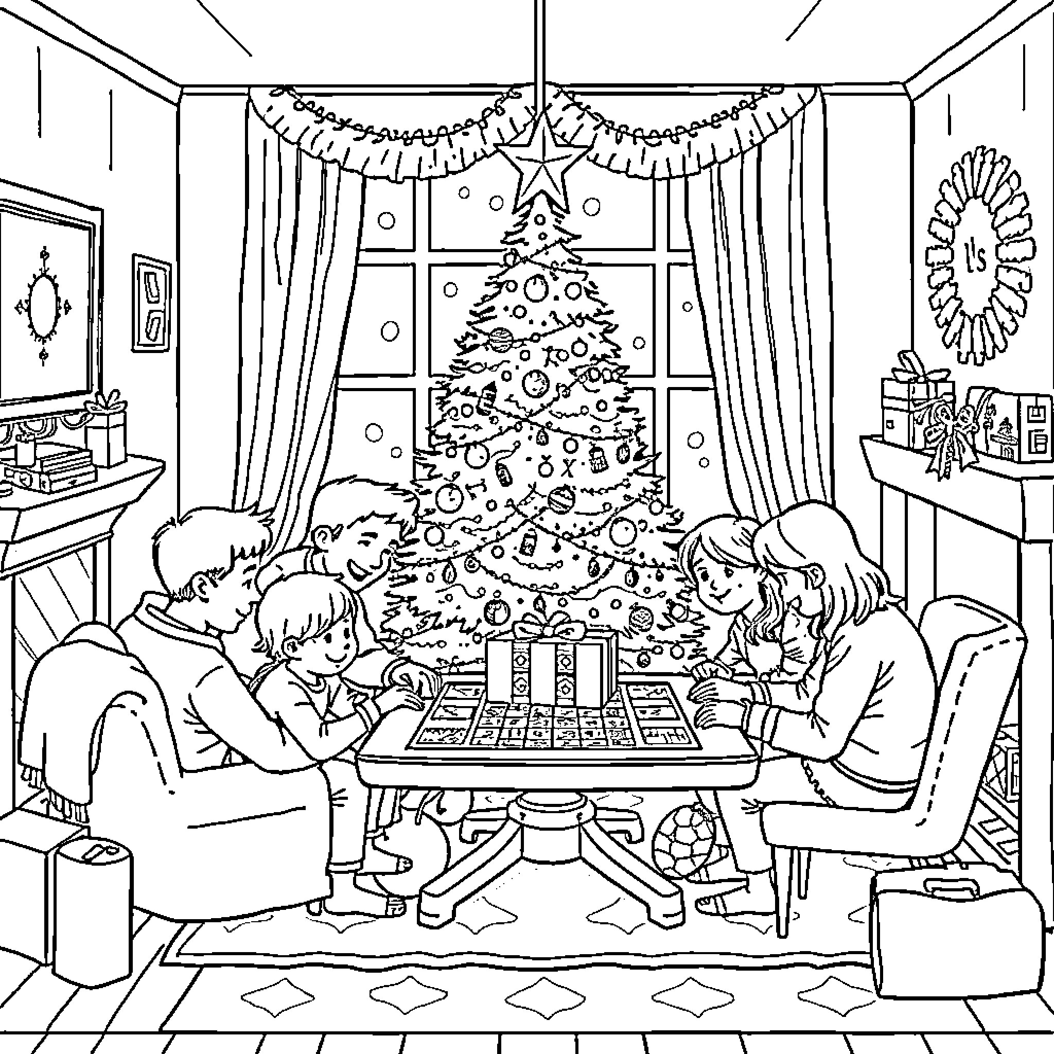 Board Game Family Enjoying Christmas Together Coloring Page (free black-and-white line drawing printable PDF for all, from beginners to advanced learners, including children, teens, adults, and seniors)