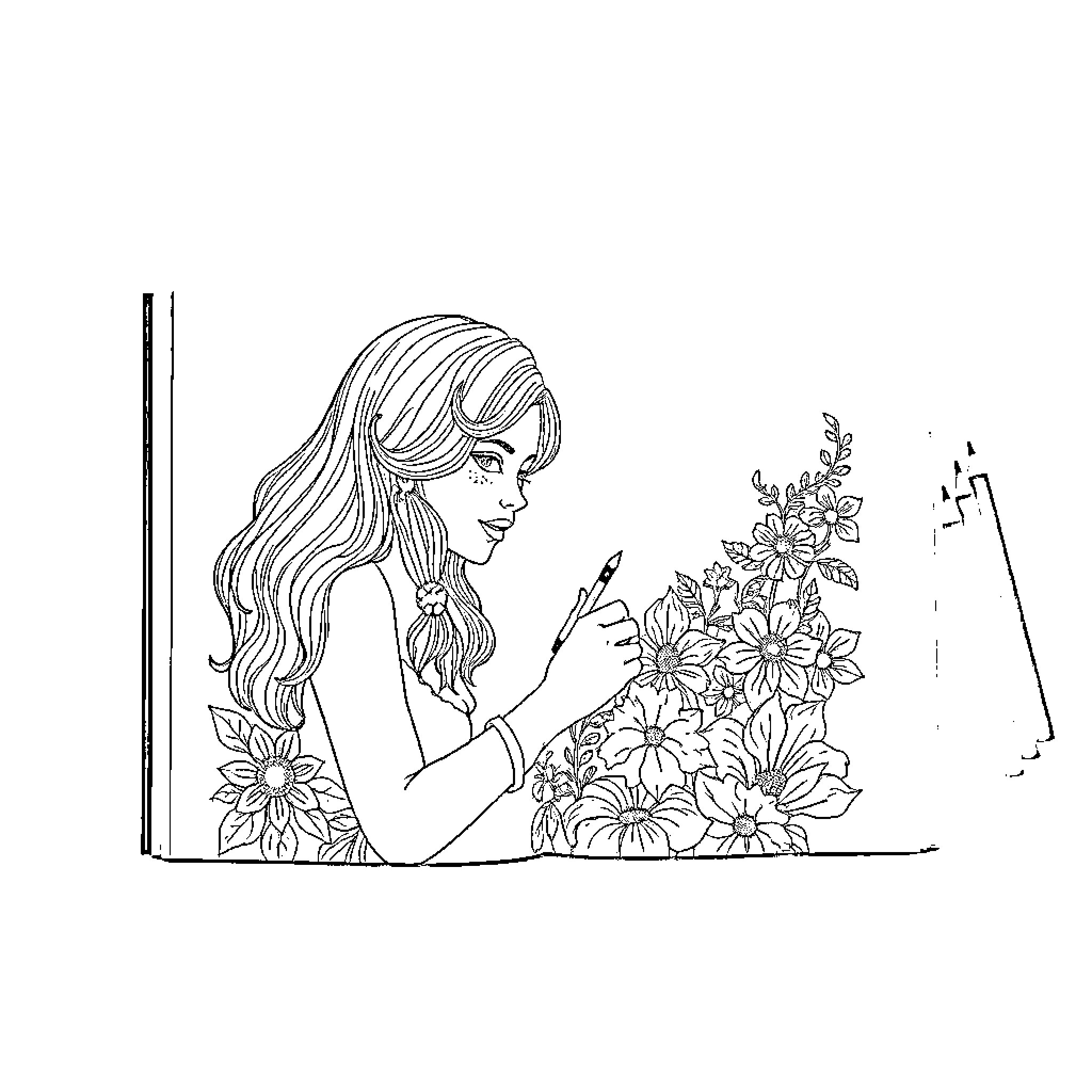 Edge of a Vibrant Floral Arrangement Coloring Page (free black-and-white line drawing printable PDF for all, from beginners to advanced learners, including children, teens, adults, and seniors)