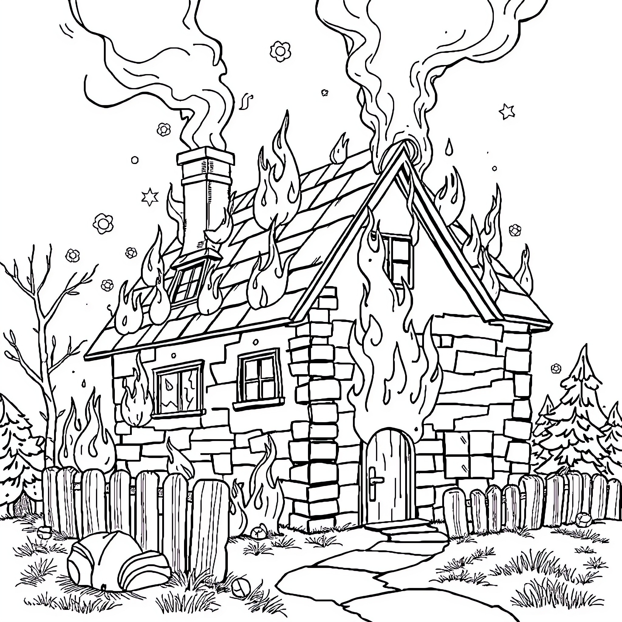 House engulfed in flames with smoke billowing Coloring Page (free black-and-white line drawing printable PDF for all, from beginners to advanced learners, including children, teens, adults, and seniors)