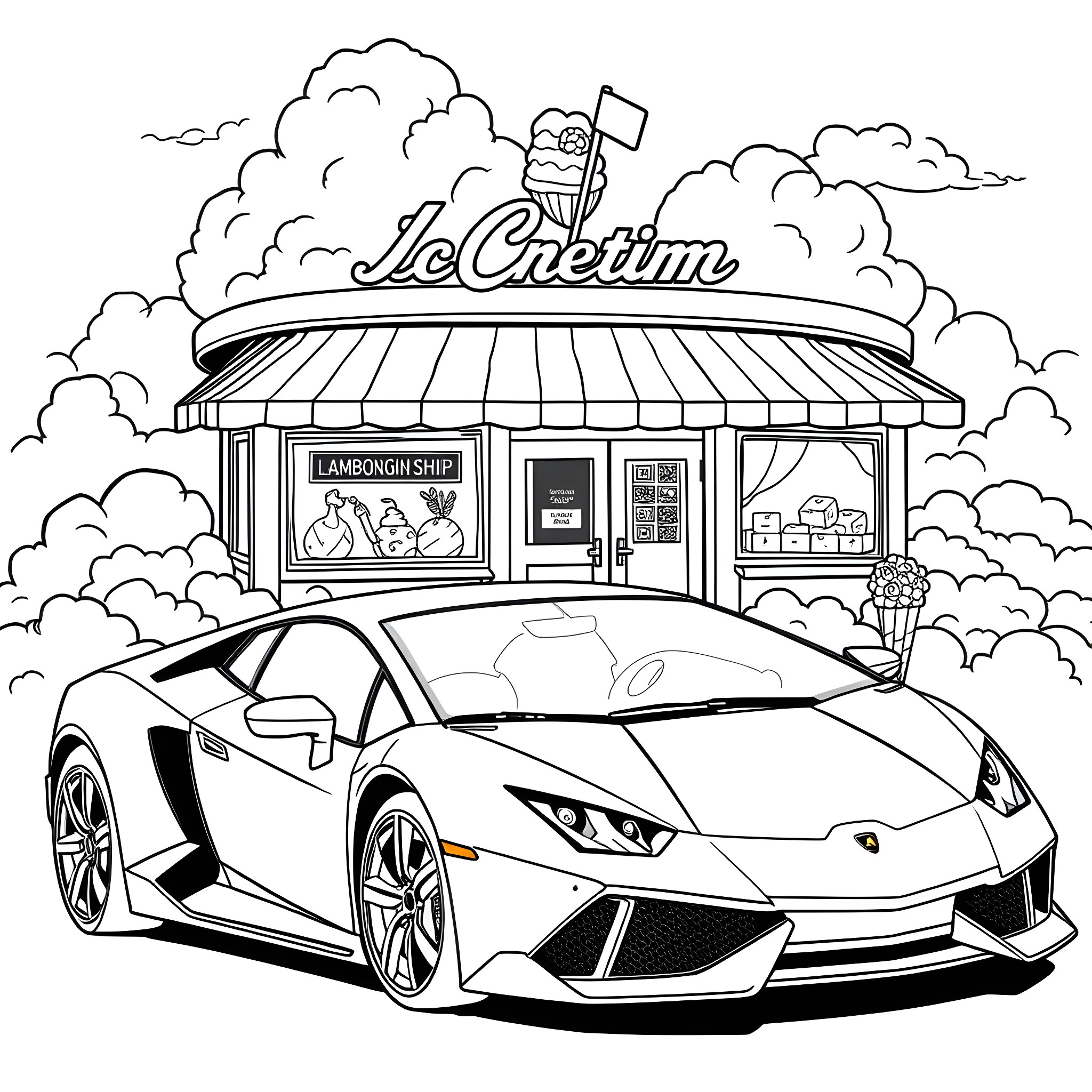 Lamborghini sports car parked at an ice cream shop Coloring Page (free black-and-white line drawing printable PDF for all, from beginners to advanced learners, including children, teens, adults, and seniors)