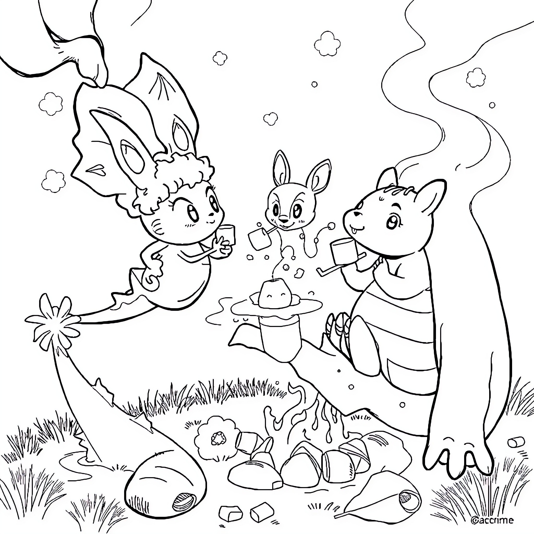 Dracaufeu and friends in a whimsical nature scene Coloring Page (free black-and-white line drawing printable PDF for all, from beginners to advanced learners, including children, teens, adults, and seniors)